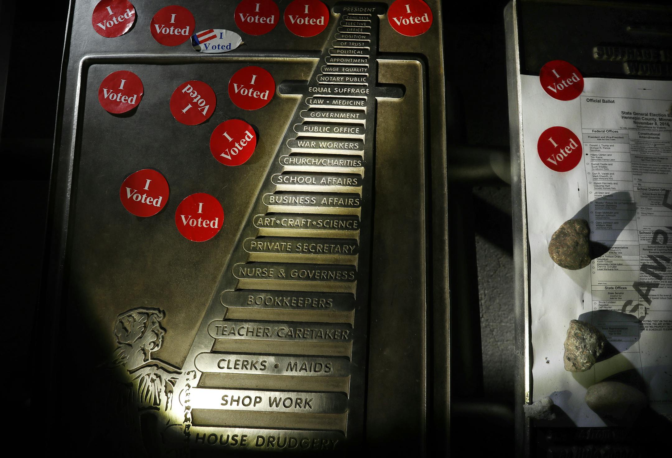 I voted stickers were placed at the Minnesota Suffrage memorial at the State Capitol on election night Tuesday October 08, 2016 in St. Paul, MN. ] The memorial was dedicated to the women of Minnesota and there struggle for the right to vote. Jerry Holt / jerry. Holt@Startribune.com