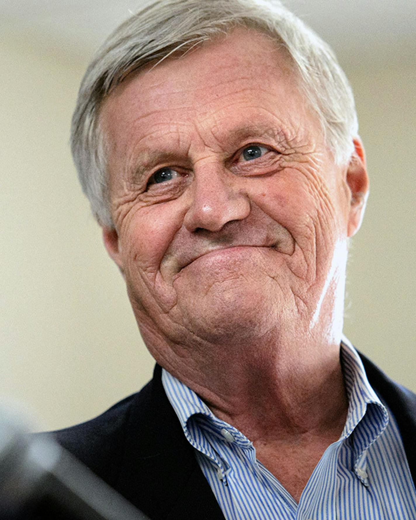 Rep. Collin Peterson smiled as Senator Amy Klobuchar praised his leadership on the farm bill. ] GLEN STUBBE * gstubbe@startribune.com Wednesday, October 29, 2014 Rep Collin Peterson toured the Busch Agricultural Resources in Moorhead, Minnesota, one of two malting operations for Anheuser Busch with plant manager Judd Carlson. ORG XMIT: MIN1410291701508874