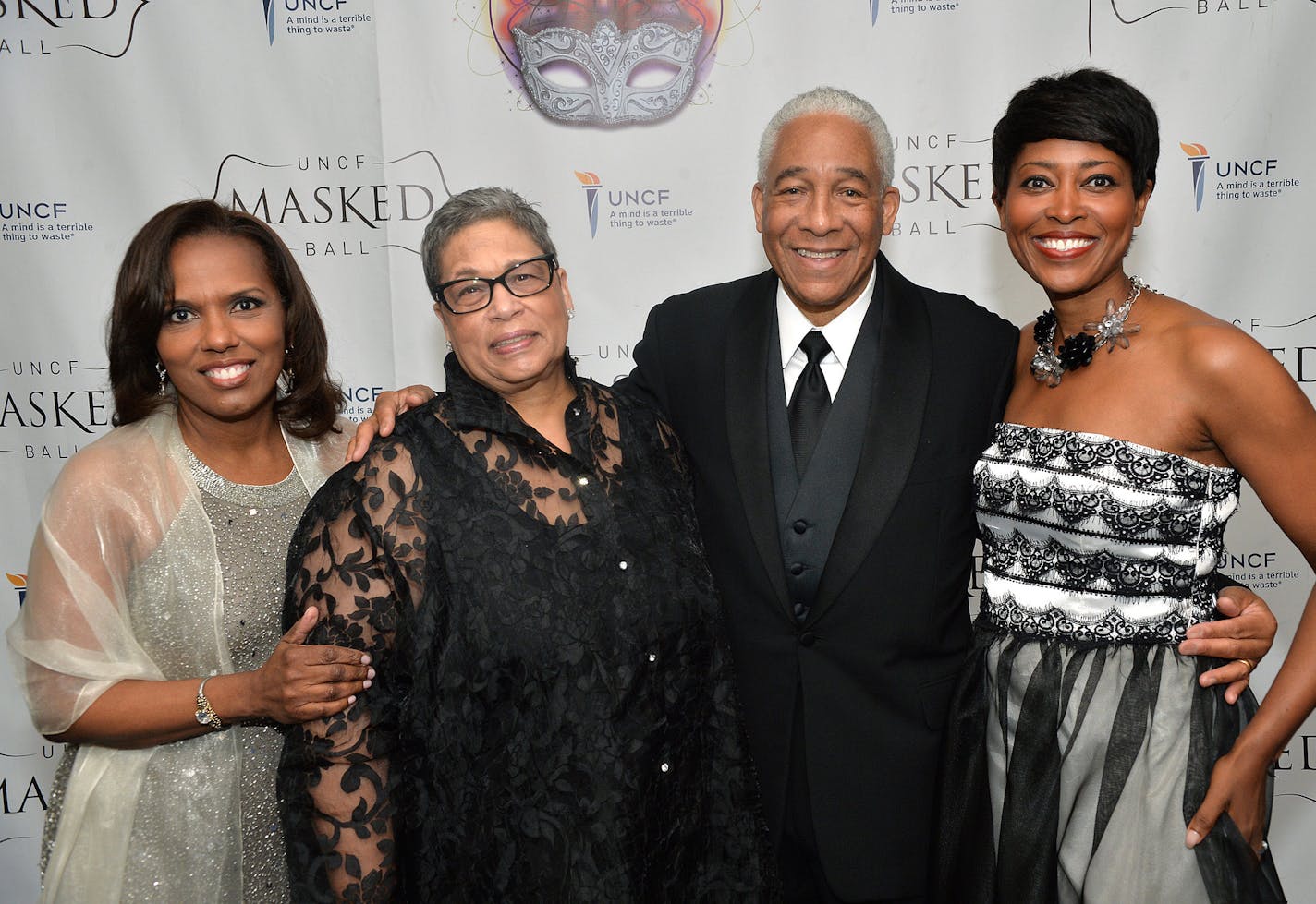 From left, Masked Ball Chair, Kimberly Price, UNCF donors Sharon and Robert Ryan and Masked Ball Chair Laysha Ward. ] (SPECIAL TO THE STAR TRIBUNE/BRE McGEE) **Kimberly Price (left, Masked Ball Chair), Sharon Ryan (second form left, UNCF donor), Robert Ryan (second from right, UNCF donor), Laysha Ward (right, Masked Ball Chair), UNCF Masked Ball