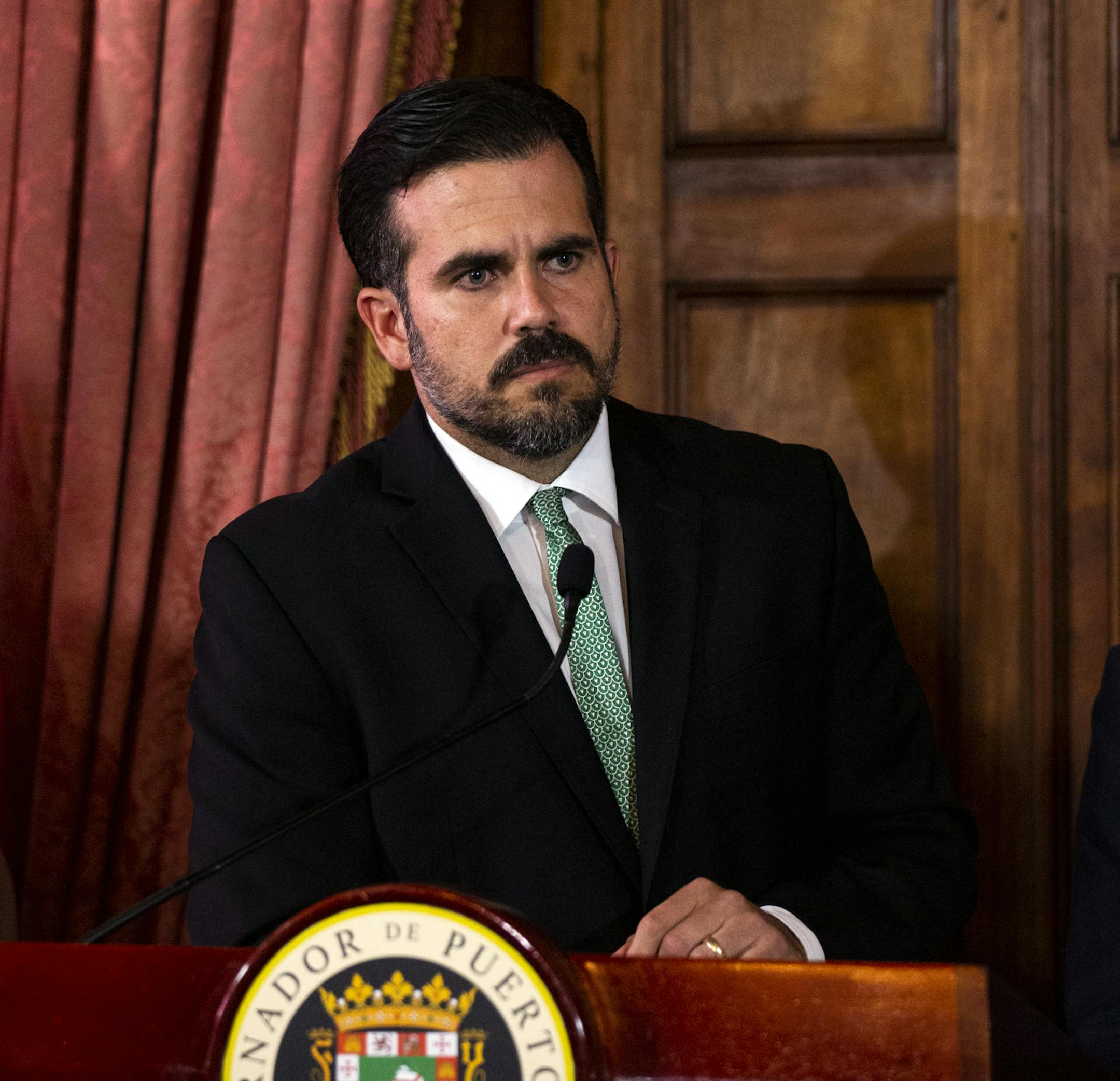 FILE -- Gov. Ricardo Rossello at a news conference in San Juan, Puerto Rico, on July 16, 2019. Rossello announced Wednesday, July 24, 2019, that he was resigning from office, an unprecedented step in Puerto Rico’s history that brings a promising political career, for now, to a disgraceful end. (Erika P. Rodriguez/The New York Times)