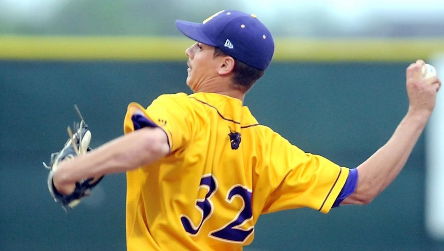 In this photo taken Thursday, May 16, 2013, Minnesota State's Jason Hoppe delivers a pitch during an NCAA college Division II Central Region tournament baseball game in Mankato.