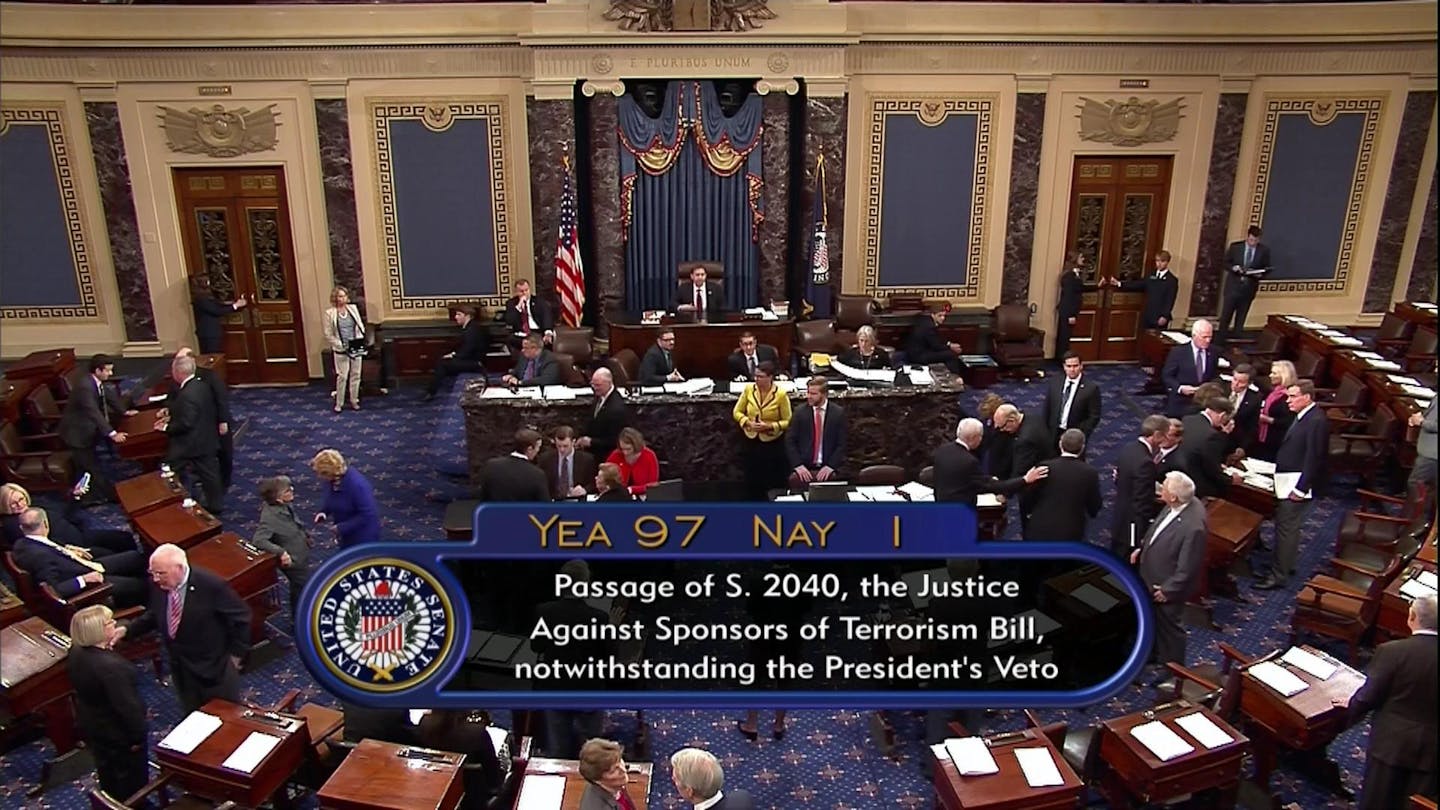 On Wednesday, the Senate acted decisively to override President Barack Obama's veto of Sept. 11 legislation.