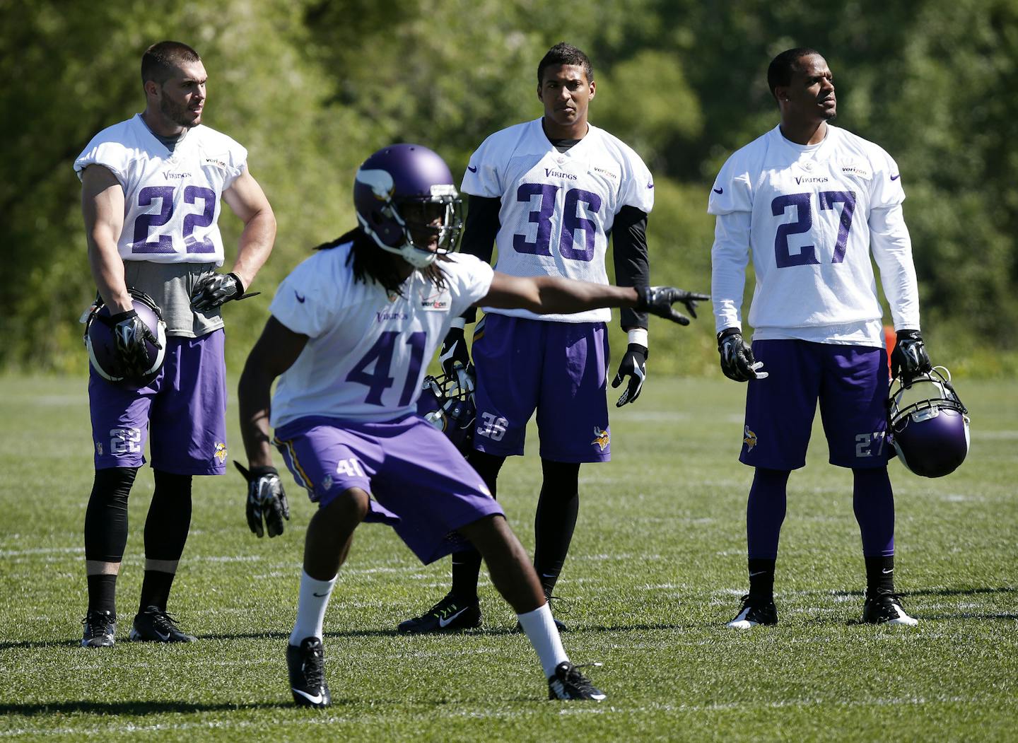 Minnesota Vikings defensive backs Harrison Smith (22) Anthony Harris (41) Robert Blanton (36) and Shaun Prater (27) during the first day of Minicamp. ] CARLOS GONZALEZ cgonzalez@startribune.com - June 16, 2015, Eden Prairie, MN, Winter Park, NFL, Minnesota Vikings Minicamp