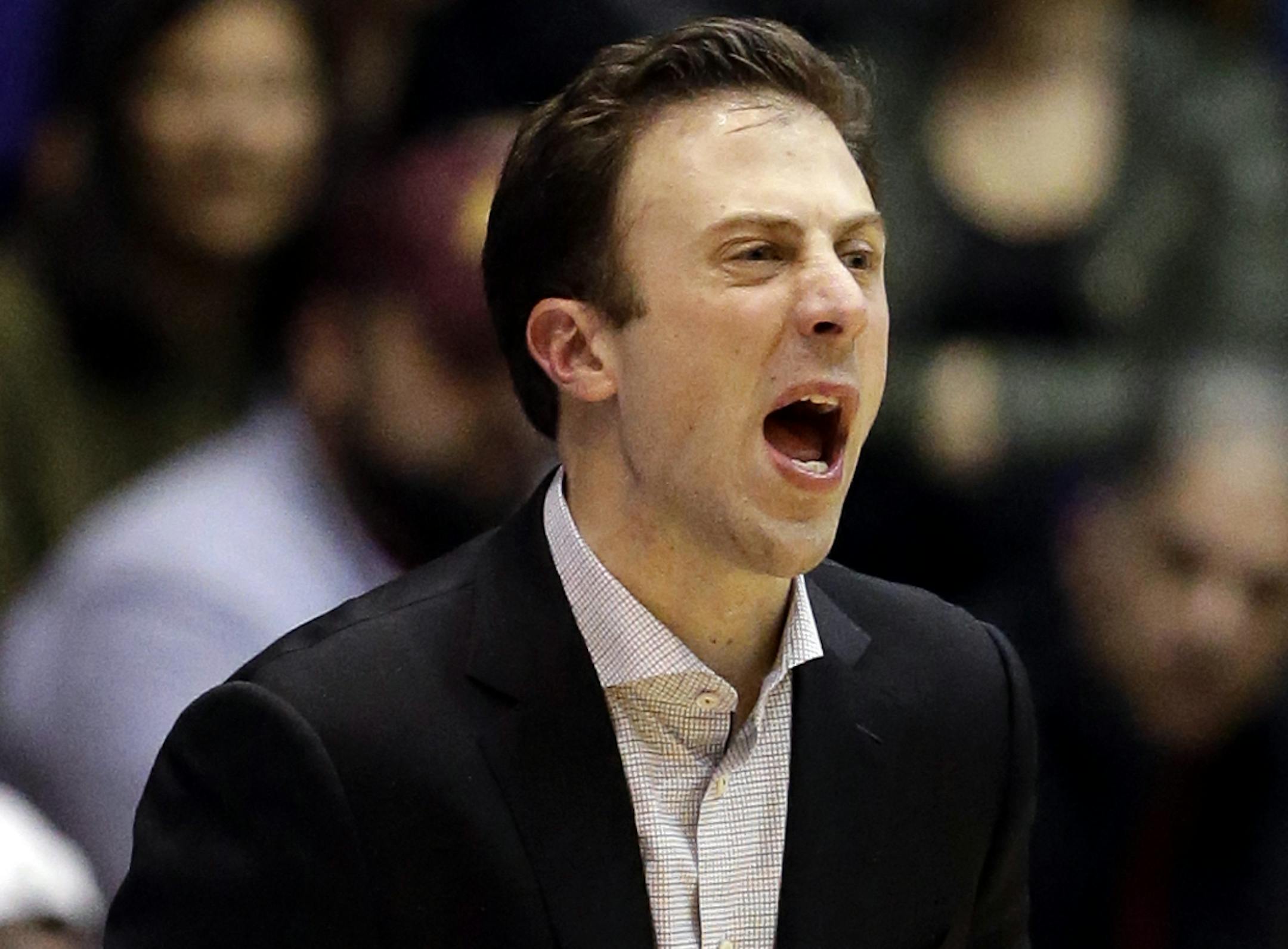 Minnesota head coach Richard Pitino reacts as yells to his team during the second half of an NCAA college basketball game against Northwestern on Thursday, Feb. 4, 2016, in Evanston, Ill. Northwestern won 82-58. (AP Photo/Nam Y. Huh)