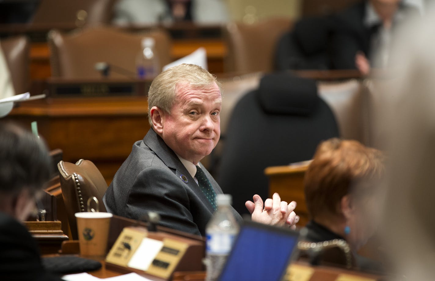 Author of the higher education bill Rep. Gene Pelowski, DFL-Winona, smiled as Rep. Glenn Gruenhagen, R-Glencoe praised his bill and his role as chair of the higher education finance committee. Thursday, April 25, 2013 ] GLEN STUBBE * gstubbe@startribune.com CORRECTED CAPTION