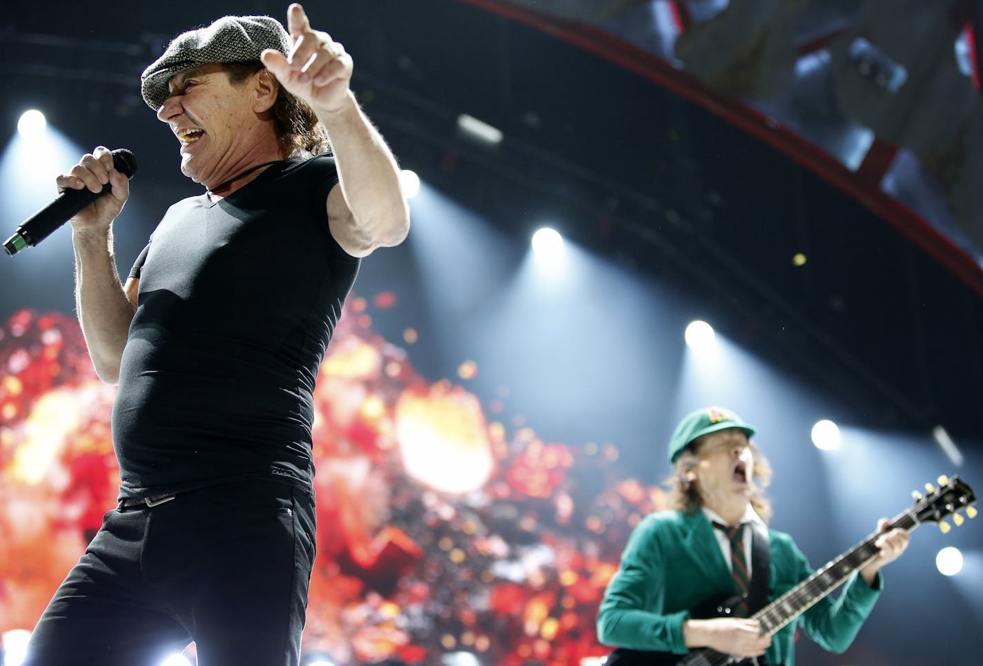 Brian Johnson, Angus Young and AC/DC performed at the Xcel Energy Center on Sunday night. ] CARLOS GONZALEZ cgonzalez@startribune.com - February 14, 2016, New St. Paul, MN, Xcel Energy Center, AC/DC Concert