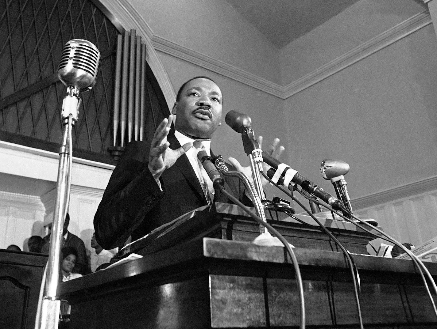 FILE - In this 1960 file photo, Martin Luther King Jr. speaks in Atlanta. The civil rights leader had carried the banner for the causes of social justice � organizing protests, leading marches and making powerful speeches exposing the scourges of segregation, poverty and racism. (AP File Photo)