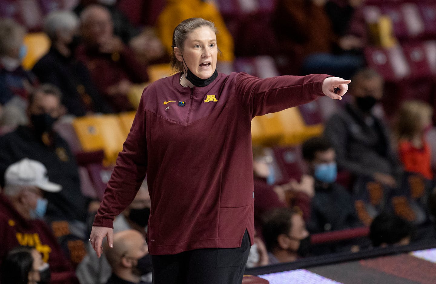 Minnesota Gophers coach Lindsay Whalen near the bench during the third period in Minneapolis on Tuesday, Nov. 9, 2021. (Elizabeth Flores/Minneapolis Star Tribune/TNS) ORG XMIT: 40548994W