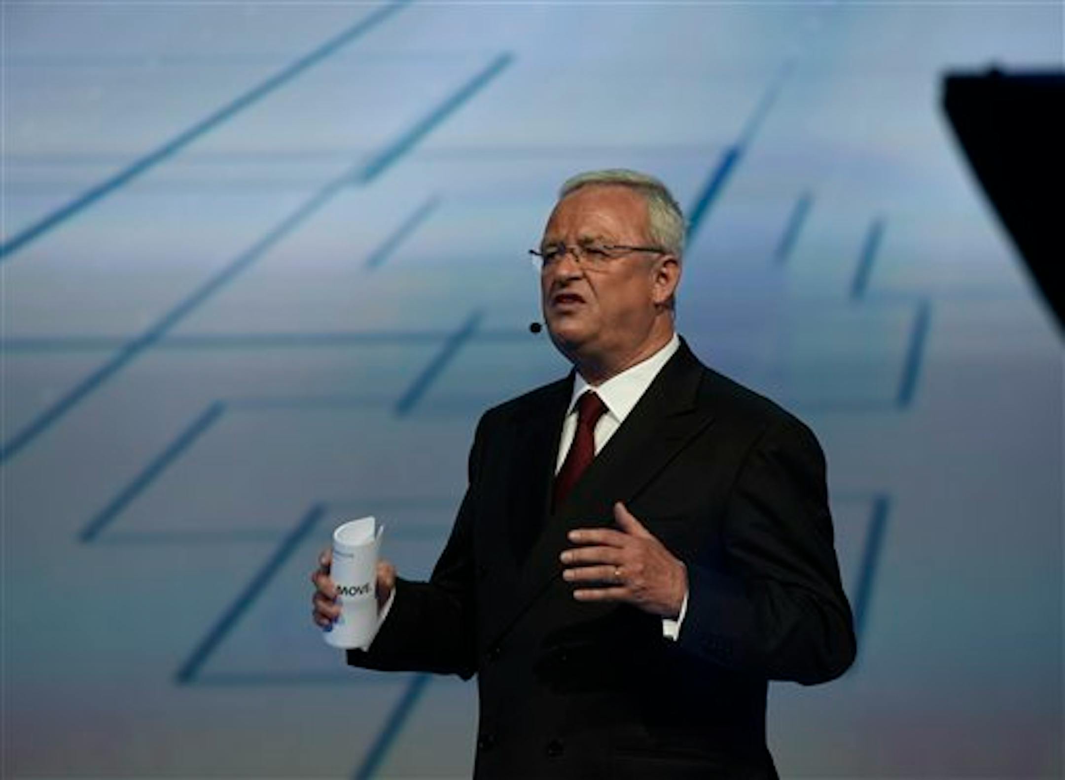 Volkswagen CEO Martin Winterkorn during the Volkswagen group night on the eve of the Frankfurt Auto Show IAA in Frankfurt, Germany, Monday, Sept. 14, 2015. (AP Photo/Jens Meyer)