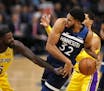 Timberwolves center Karl-Anthony Towns fended off Lakers guard Lance Stephenson for a rebound in a late October game at Target Center.