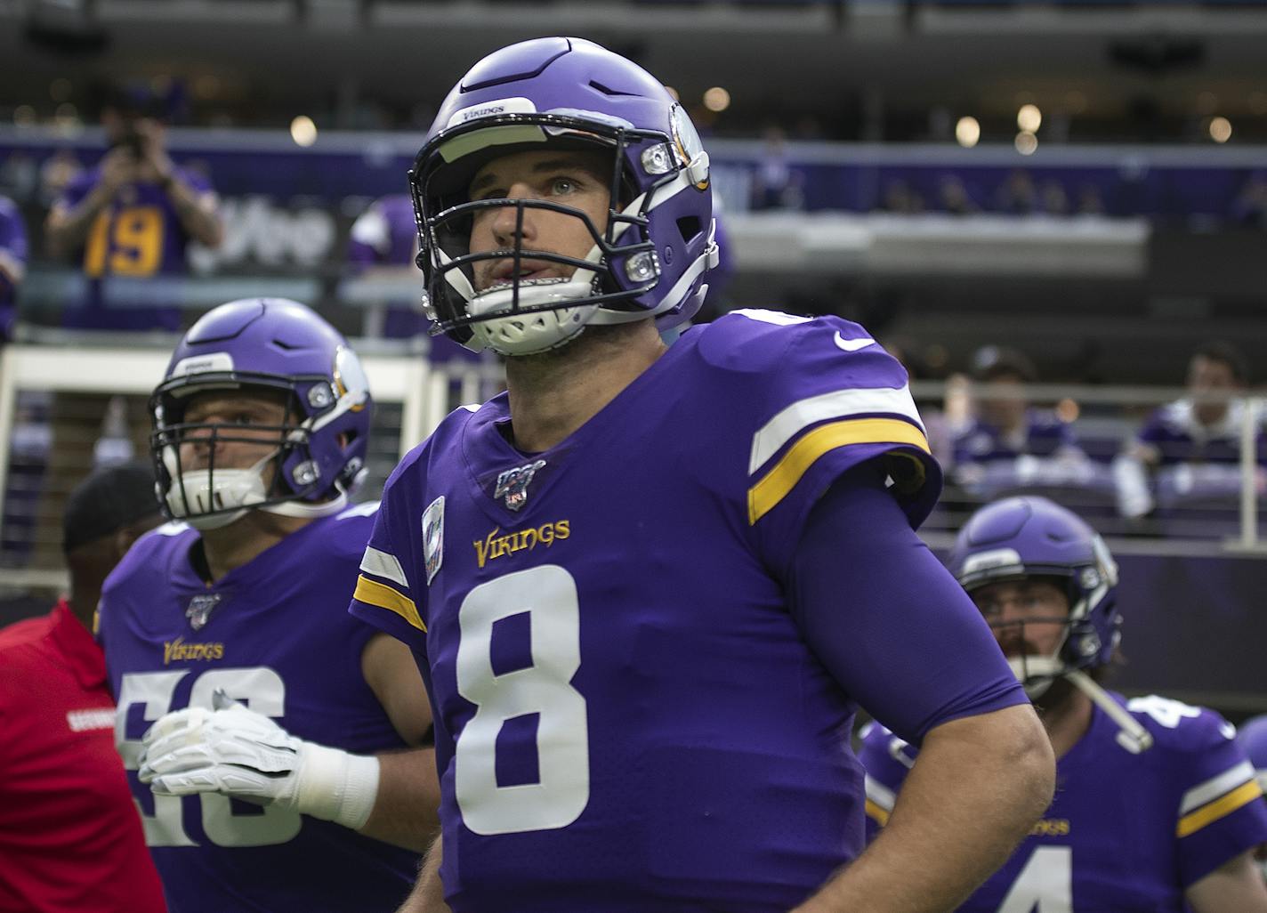 Minnesota Vikings quarterback Kirk Cousins (8) ran out for warmups at U.S. Bank Stadium.] Jerry Holt • Jerry.holt@startribune.com The Minnesota Vikings hosted the Philadelphia Eagles at U.S. Bank Stadium Sunday Oct. 13, 2019. Minneapolis, MN. Jerry Holt ORG XMIT: MIN1910131134085365 ORG XMIT: MIN2001031817200675