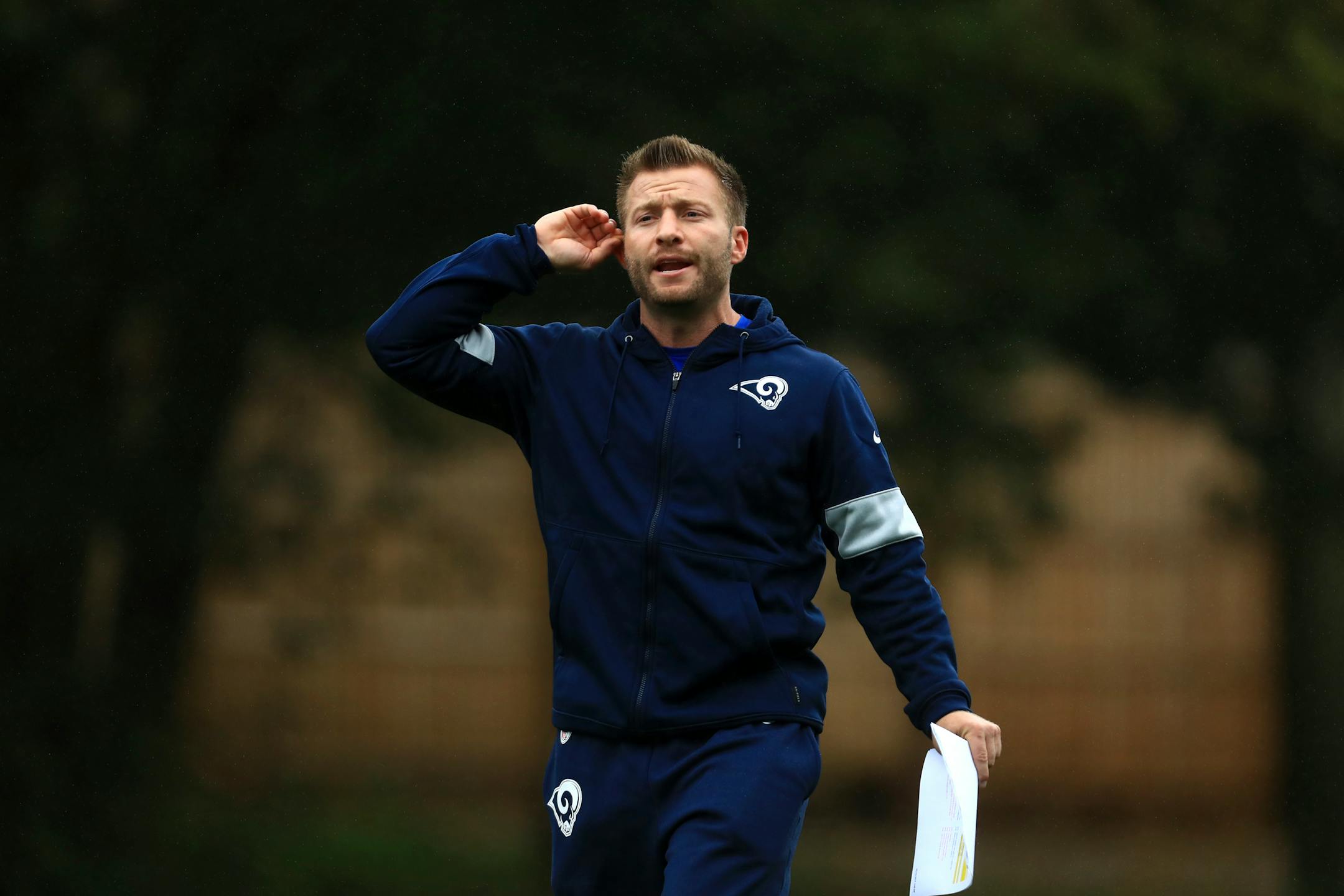 LA Rams Head Coach Sean McVay takes part in an NFL training session at the Grove Hotel in Chandler's Cross, Watford, England, Friday, Oct. 25, 2019. The LA Rams are preparing for an NFL regular season game against the Cincinnati Bengals in London on upcoming Sunday. (AP Photo/Leila Coker)