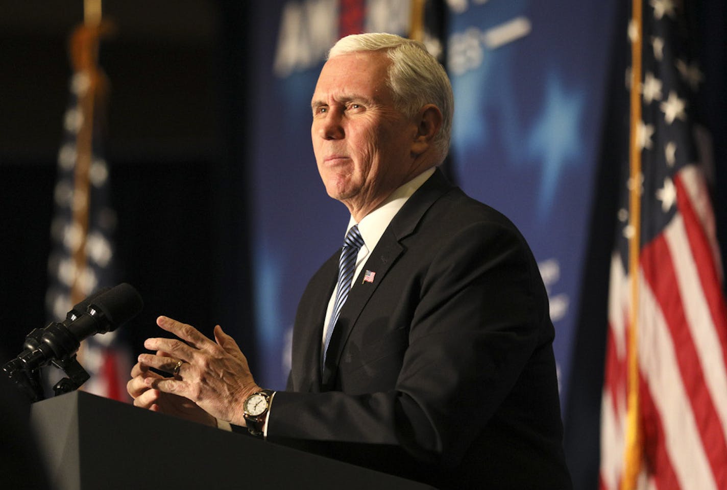 Vice President Mike Pence rallied Republicans in downtown Minneapolis Wednesday morning, selling the party's tax cuts and talking up the state of the U.S. economy under President Donald Trump. ] Minnesota Republican U.S. Reps. Erik Paulsen, Tom Emmer and Jason Lewis joined Pence on stage Wednesday as the vice president spoke to several hundred people. BRIAN PETERSON • brian.peterson@startribune.com Minneapolis, MN 03/27/18