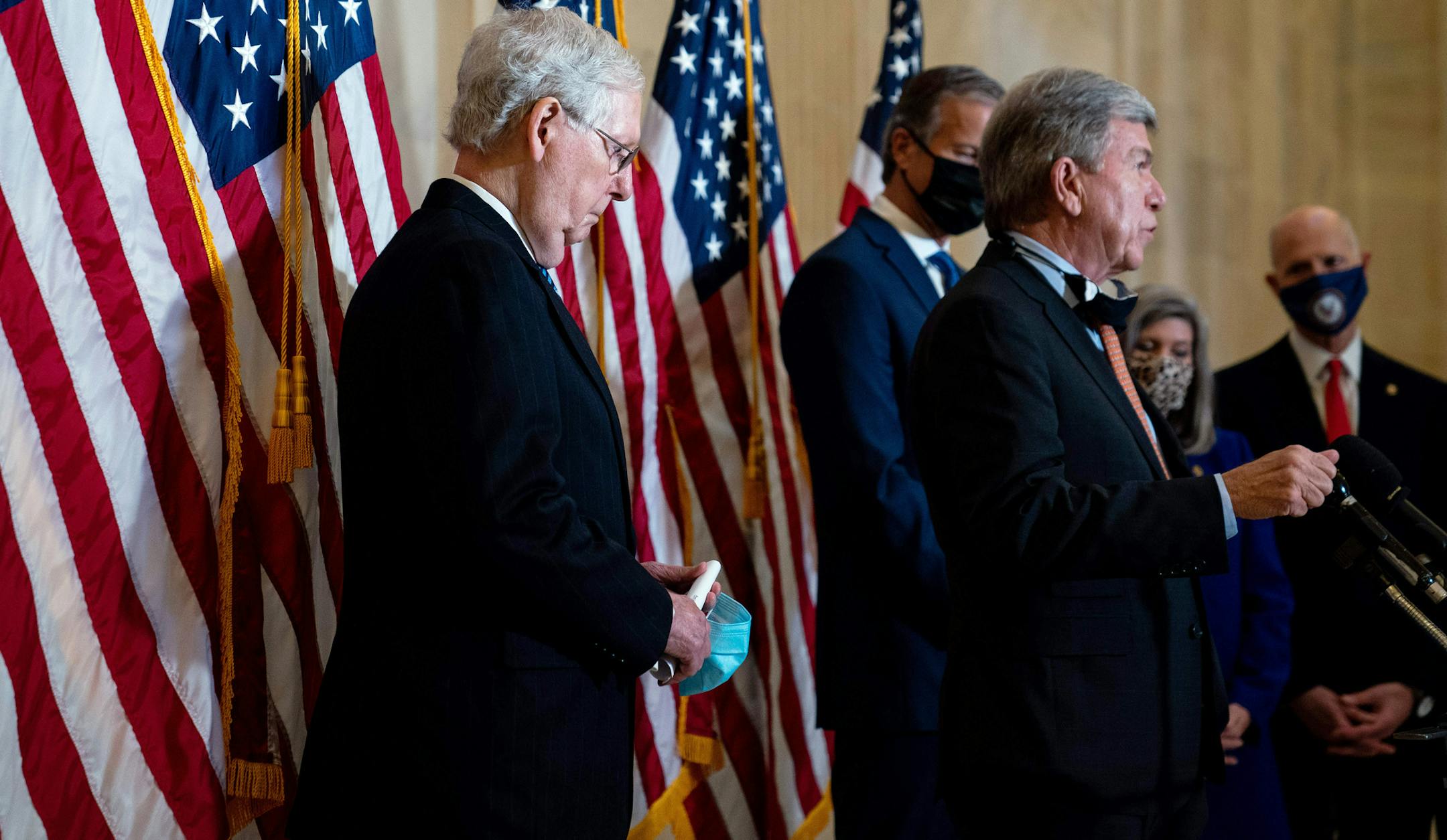 Senate Majority Leader Mitch McConnell (R-Ky.), left, and Sen. Roy Blunt (R-Mo.) participate in a news conference on Capitol Hill in Washington on Nov. 10, 2020. Since he was elected, President Trump's relationships with Republican lawmakers on Capitol Hill have mostly fallen into one of two categories: the unbreakable bond with his most ardent followers, who defend him at all costs, and the tenuous, strained alliance with the rest, who share his agenda but often cringe privately at his language
