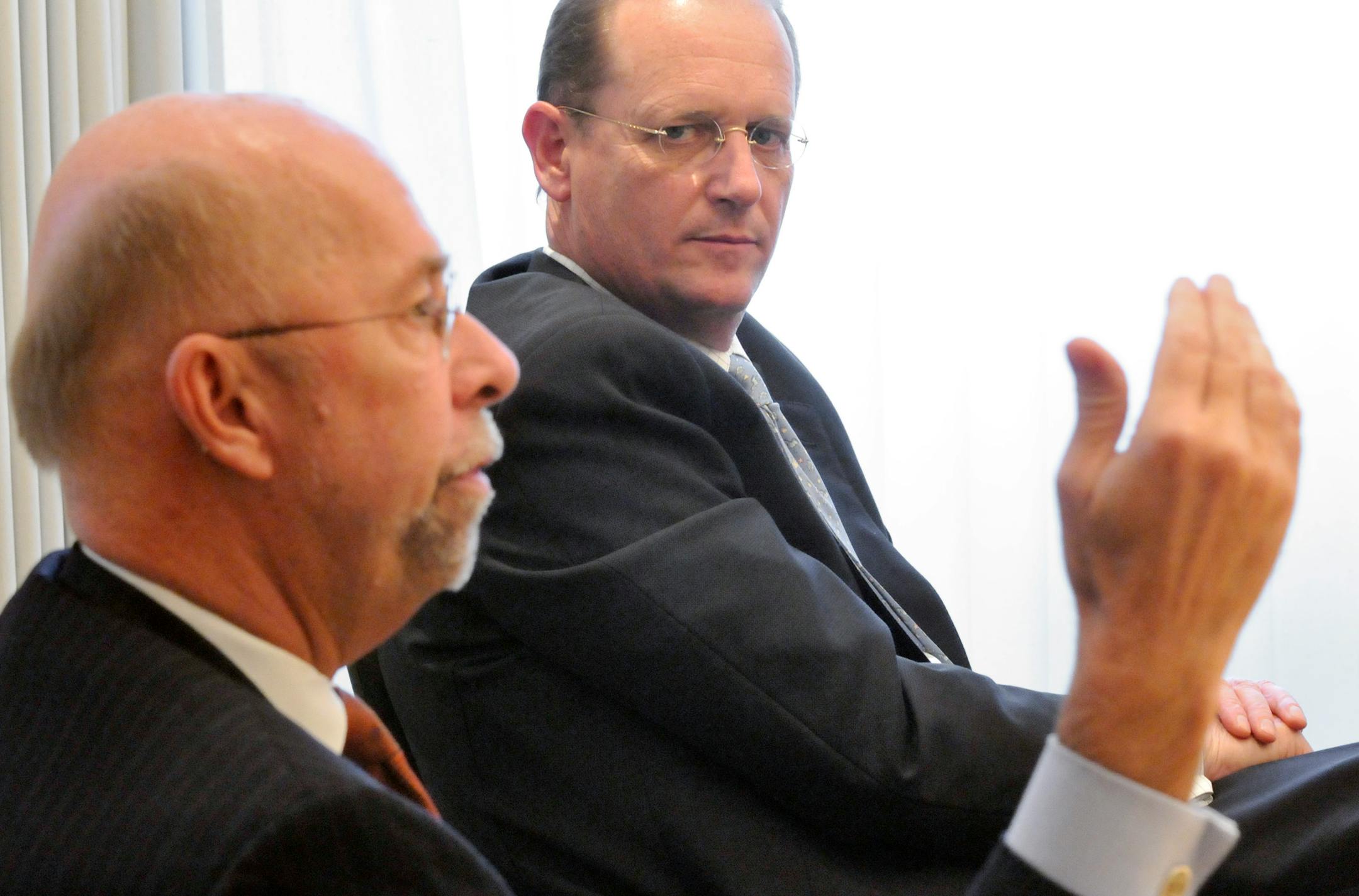 Northwest Airlines CEO Doug Steenland, foreground, and Delta Air Lines CEO Richard Anderson visited the Star Tribune editorial board Thursday to discuss post-merger plans.