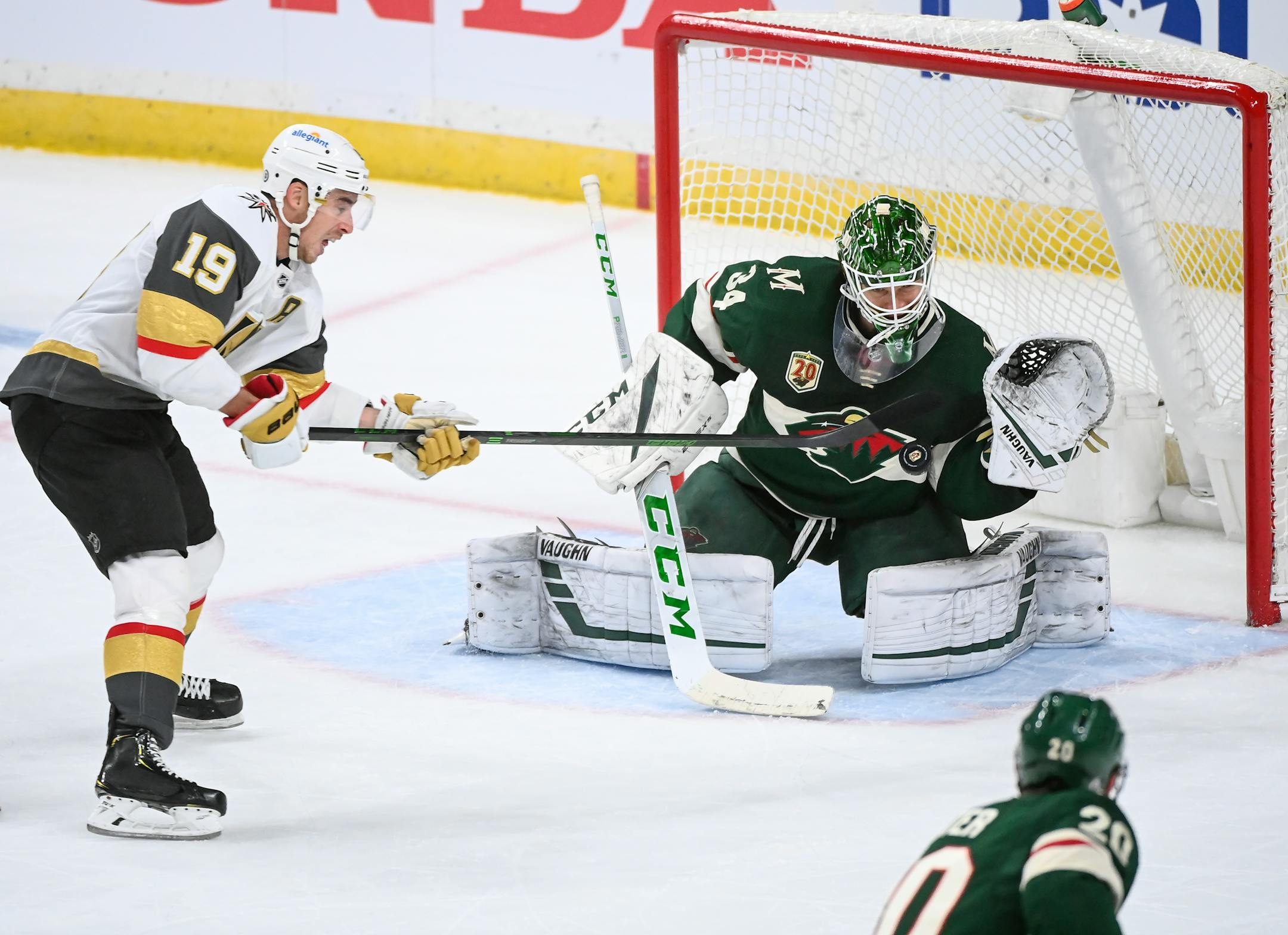 Minnesota Wild goaltender Kaapo Kahkonen (34) blocked a shot by Vegas Golden Knights right wing Reilly Smith (19) in the third period.