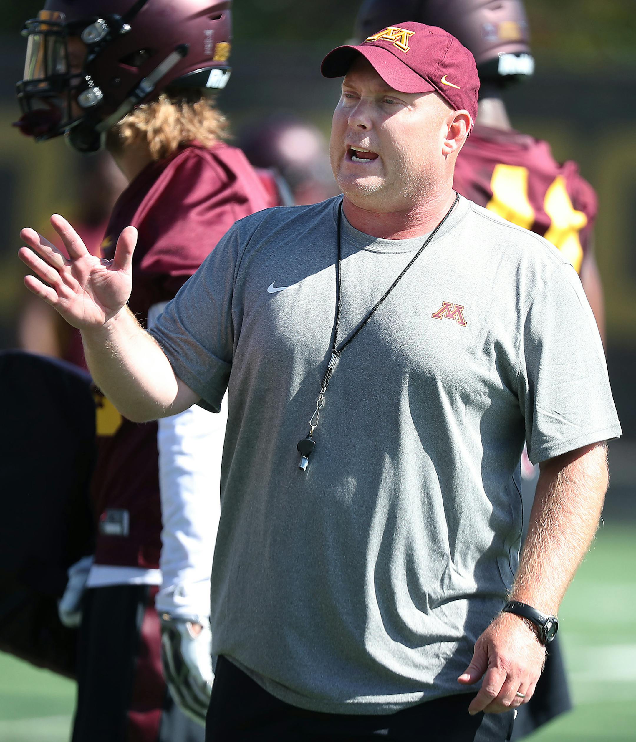 Minnesota Gophers defensive coordinator Jay Sawvel took to the field for the second day of practice, Saturday, August 6, 2016 at Bierman Field in Minneapolis, MN. ] (ELIZABETH FLORES/STAR TRIBUNE) ELIZABETH FLORES • eflores@startribune.com