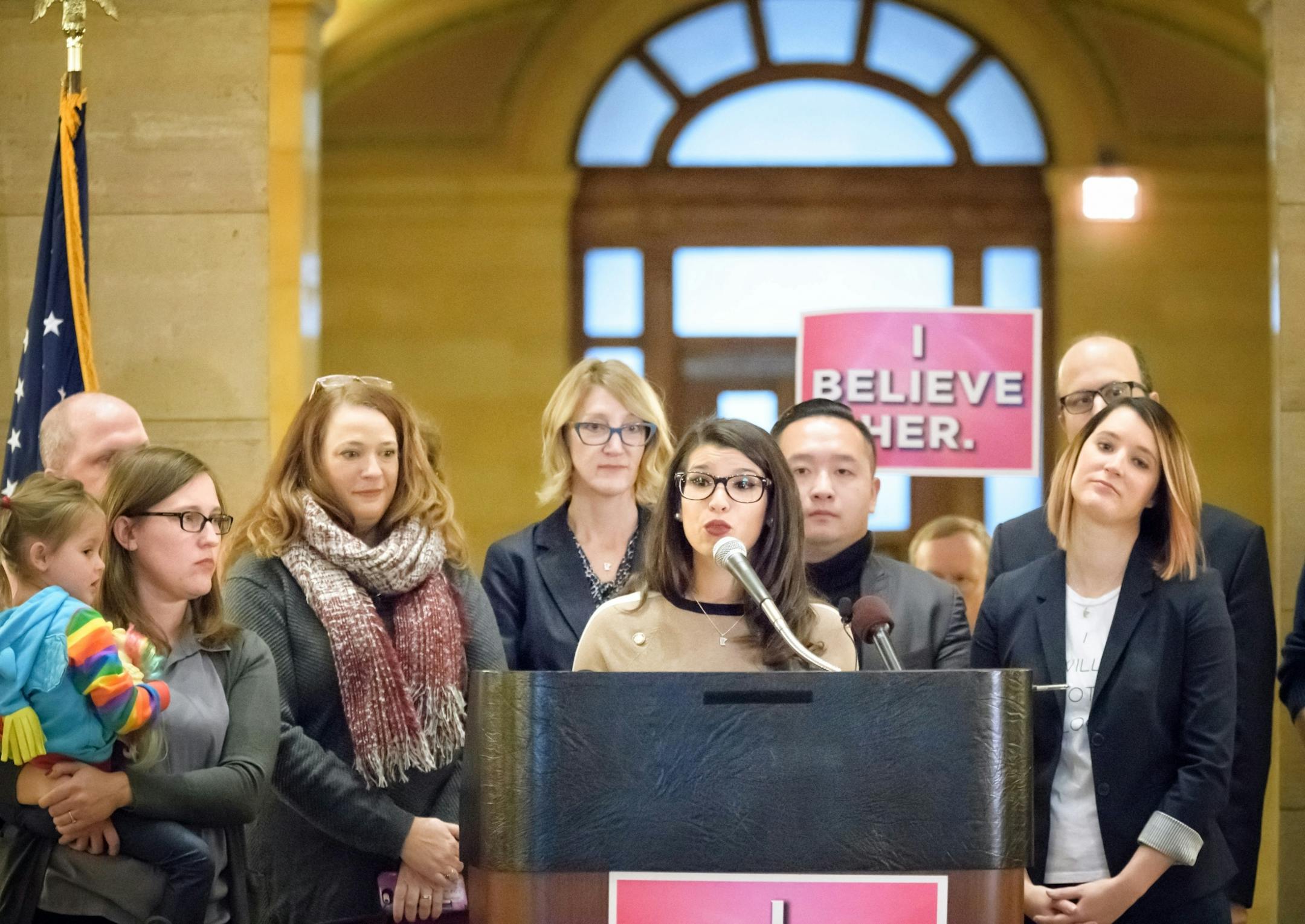 Three female legislators and one candidate for the legislature, who have been outspoken against sexual harassment at the legislature spoke at the protest. Jamie Becker-Finn, DFL-Roseville, Laurie Halverson, DFL-Eagan, Erin Maye-Quade, DFL-Apple Valley and Lindsey Port.