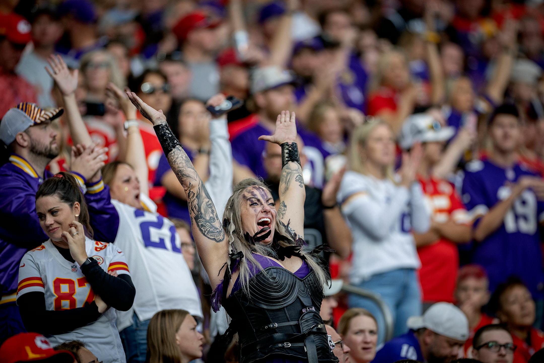 A Vikings fan celebrated a field goal during the game.
