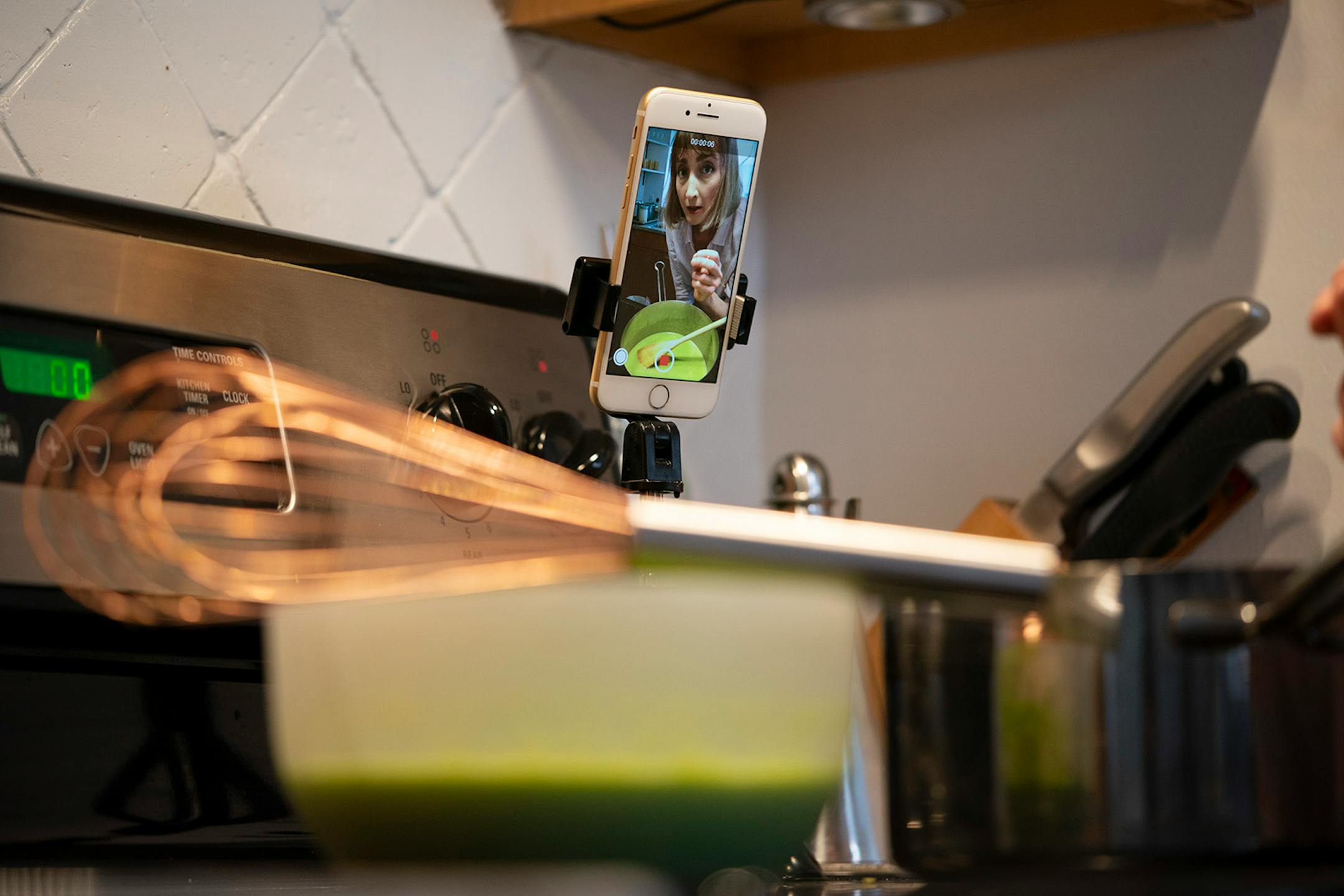 Chef Karyn Tomlinson addressed the camera while stirring the asparagus lee soup she demonstrated how to make for her Instagram show. Since the pandemic began, former Corner Table chef Karyn Tomlinson has been a prolific poster to Instagram, offering free cooking lessons with her show "Karyn's Quarantine Kitchen." She was photographed producing a segment on preparing pureed soups Thursday afternoon, April 23, 2020 in the kitchen of her condo.