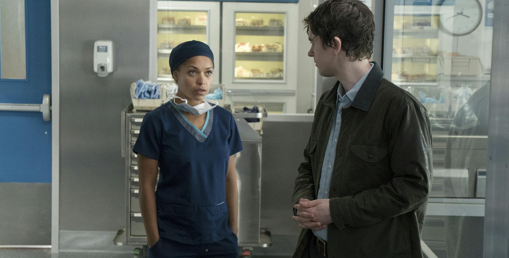 This image released by ABC shows Antonia Thomas, left, and Freddie Highmore in a scene from "The Good Doctor," premiering Sept. 25, on ABC. (Liane Hentscher/ABC via AP)