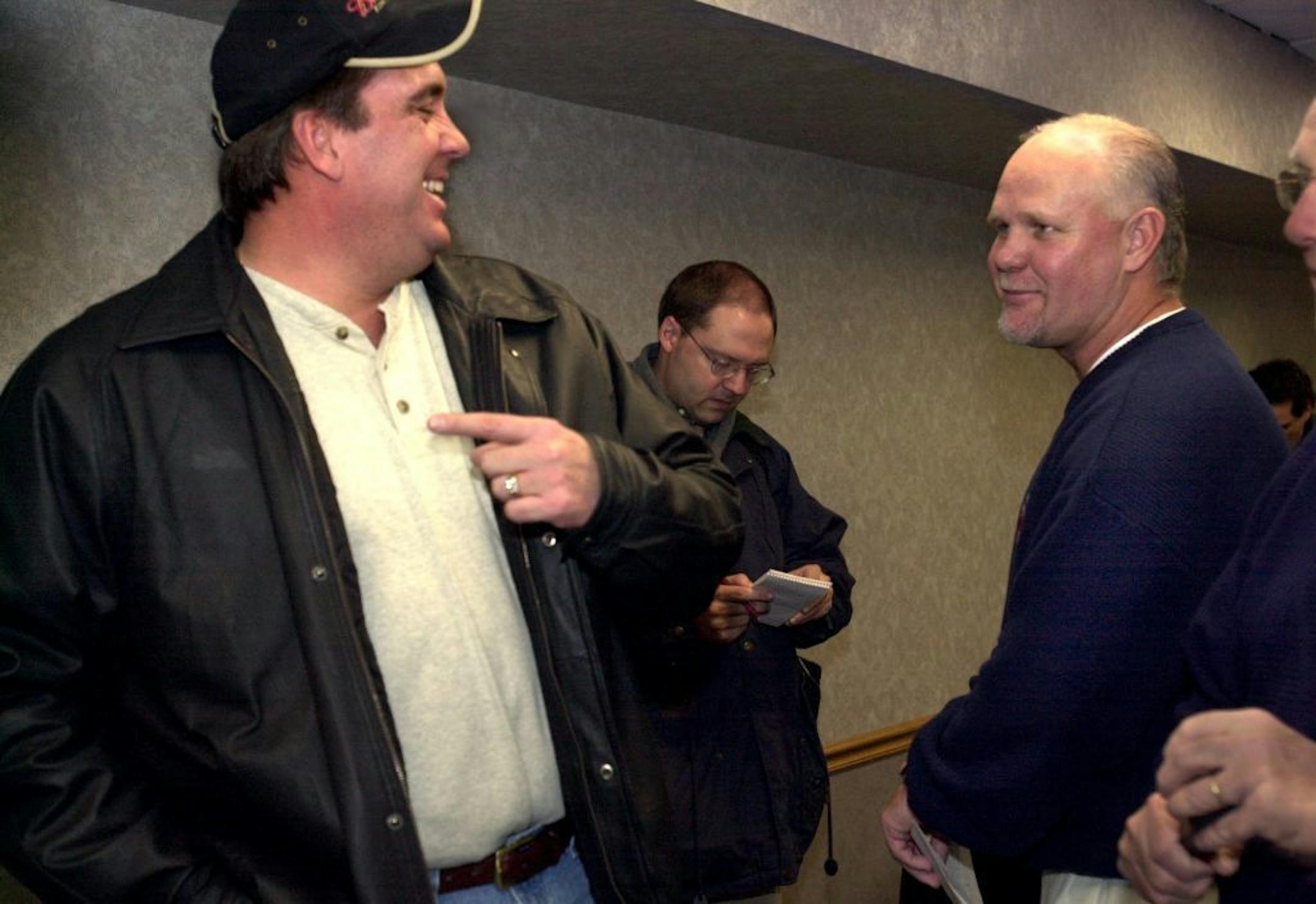 Minneapolis, Mn., Fri., Jan. 4, 2002--(Left to right) Kent Hrbek, former first baseman for the Minnesota Twins joked with Ron Gardenhire, who was just named manager of the team. Hrbek and Gardenhire bowl together and Gardenhire said he made sure to plug their bowling team during the press conference (which he did).