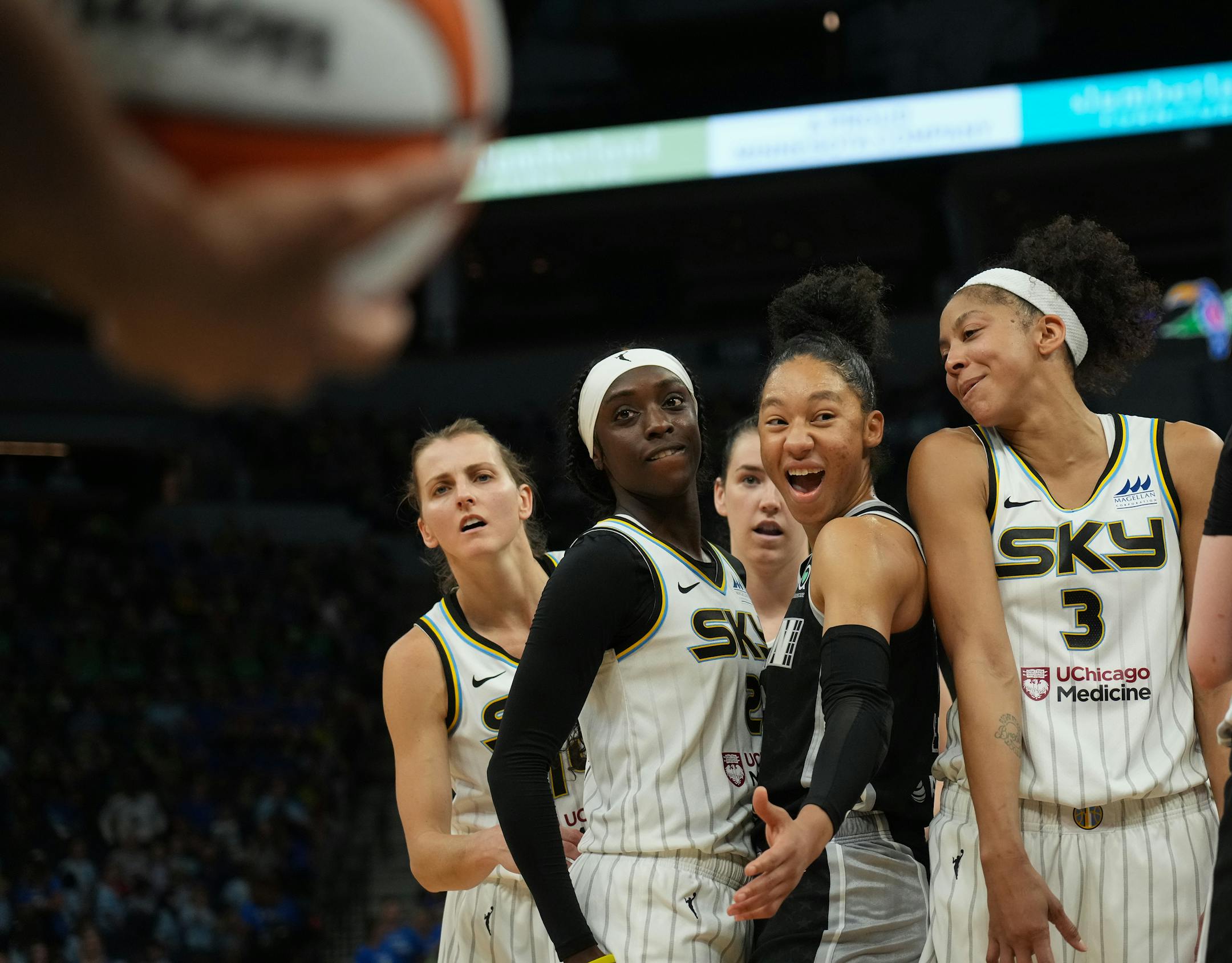 Minnesota Lynx forward Aerial Powers (3) and Chicago Sky forward Candace Parker (3) share a laugh in the second half.
