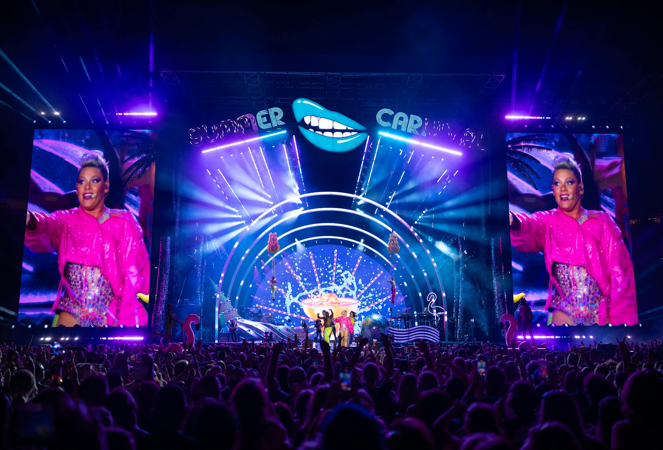 Pink performing Raise Your Glass early in her set at Target Field Thursday night. Pink brought her Summer Carnival Tour to Target Field in Minneapolis Thursday night, August 10, 2023.