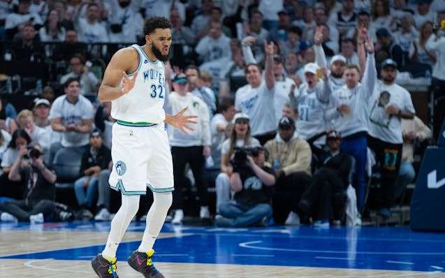 Will Karl-Anthony Towns be celebrating after Game 2 in similar fashion to his joy after hitting a three-pointer in Saturday's opener?