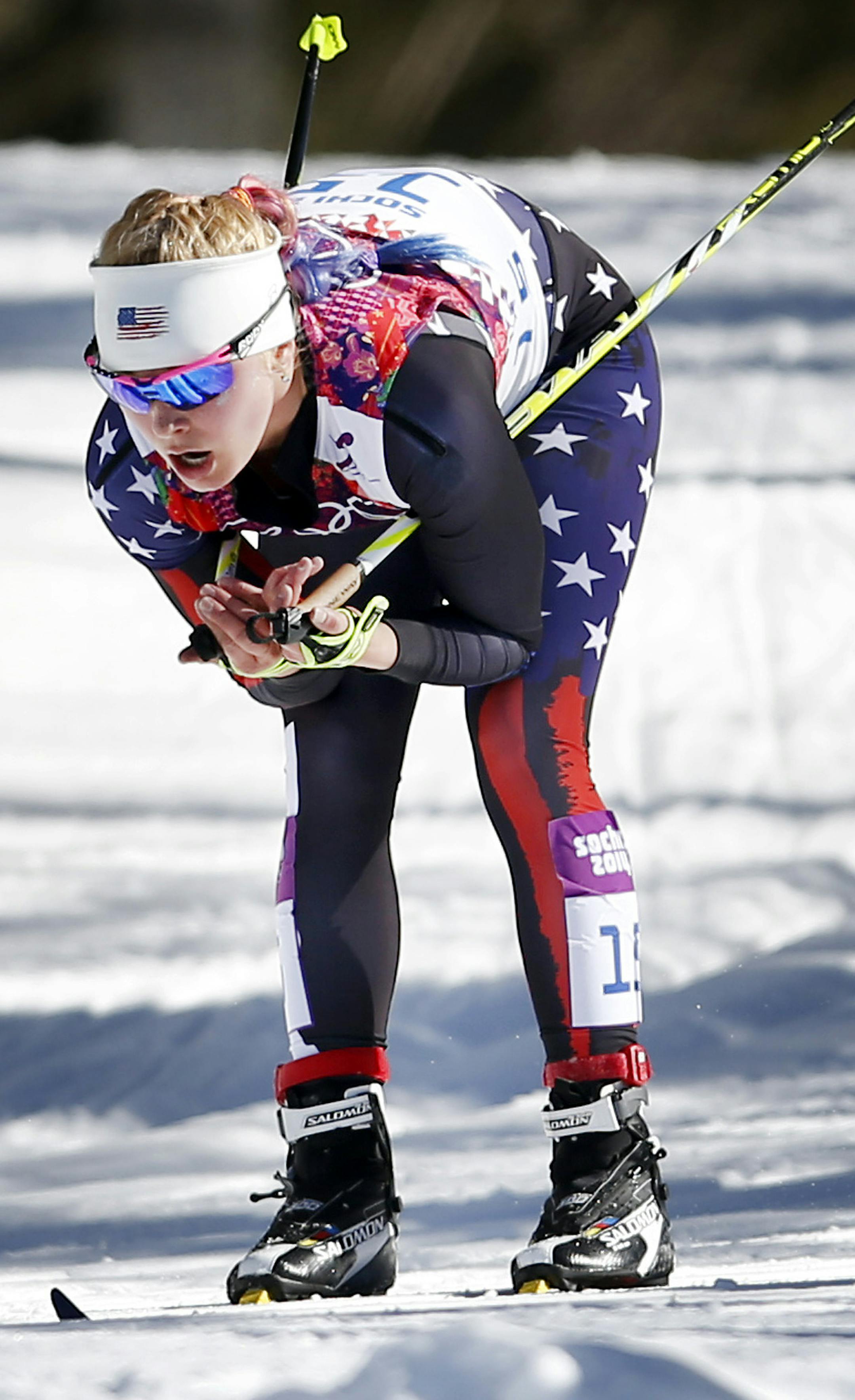 Jessie Diggins (Afton, Minn.) used a strong performance in the free portion of the women's skiathlon event to finish eighth in competition at the Laura Cross-Country Ski and Biathlon Center Saturday afternoon. Diggins found herself in 27th place after covering the classic portion of the course in 20:01.7, but improved to a 19:29.5 in the free portion for a final time of 1:31.9, 1:20.7 off the podium pace. The gold medal went to Marit Bjoergen of Norway in 38:33.6, while Sweden's Charlotte Kalla