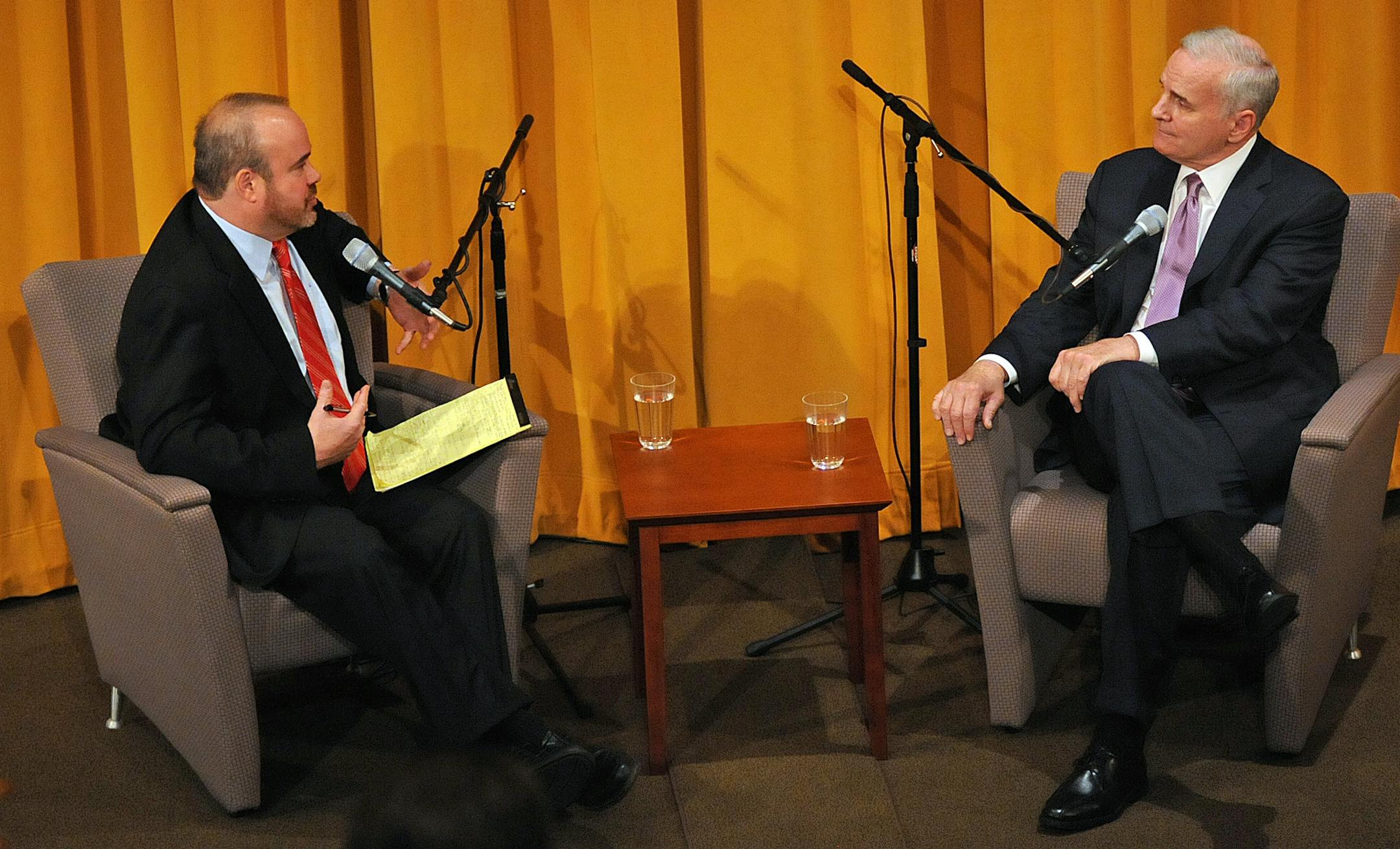 The Center for the Study of Politics and Governance (CSPG) at the University of Minnesota’s Humphrey School of Public Affairs hosted an invite-only conversation with Gov. Mark Dayton on Wednesday, Sept. 12, 2012 in the Cowles Auditorium. Larry Jacobs U of M political scientist had a question and answer session with Governor Mark Dayton . ] Richard.Sennott@startribune.com Richard Sennott /Star Tribune. , Minneapolis Minn. Wednesday 09/12/12) ** (cq)