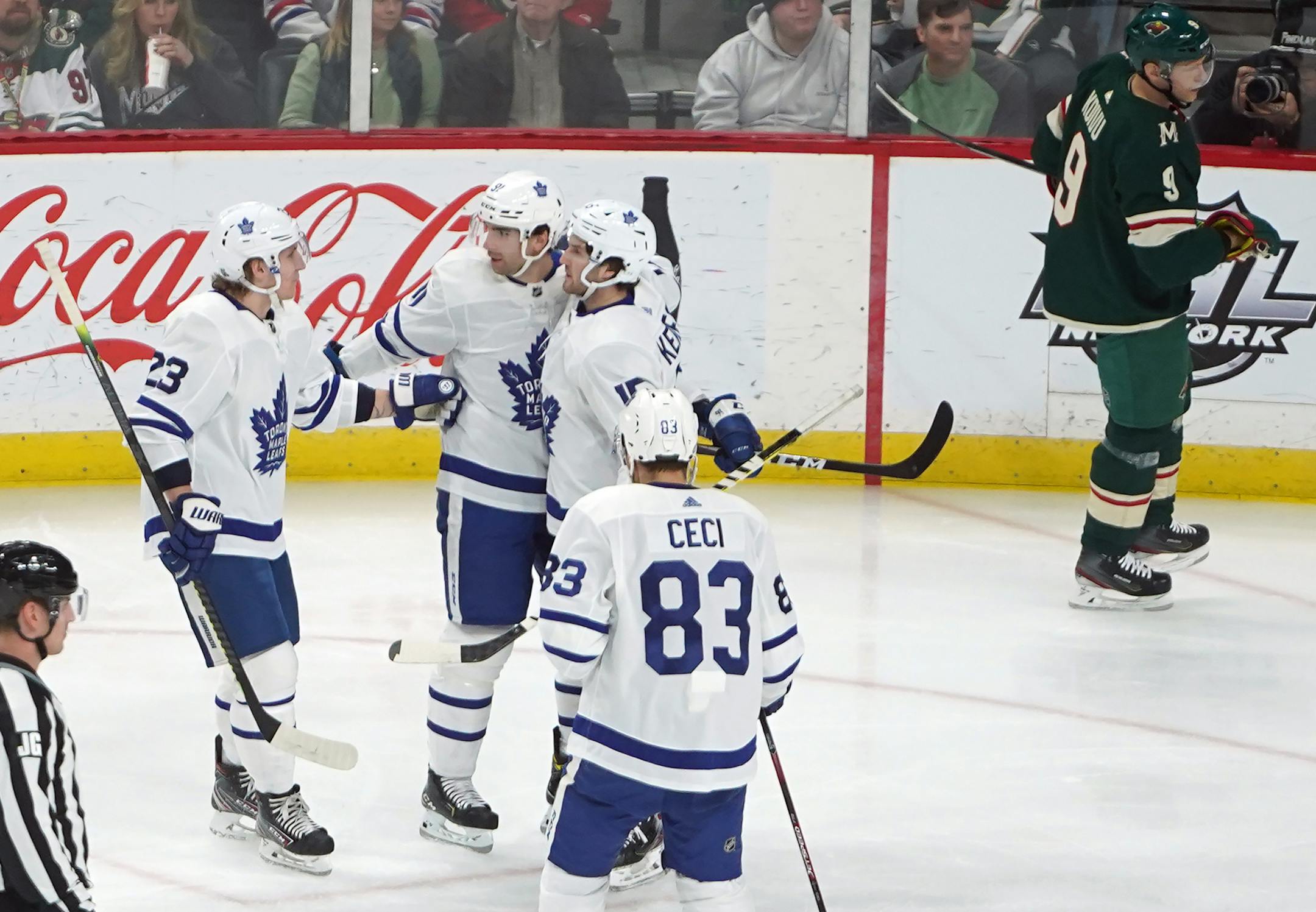 The Maple Leafs celebrated the first goal of the game.