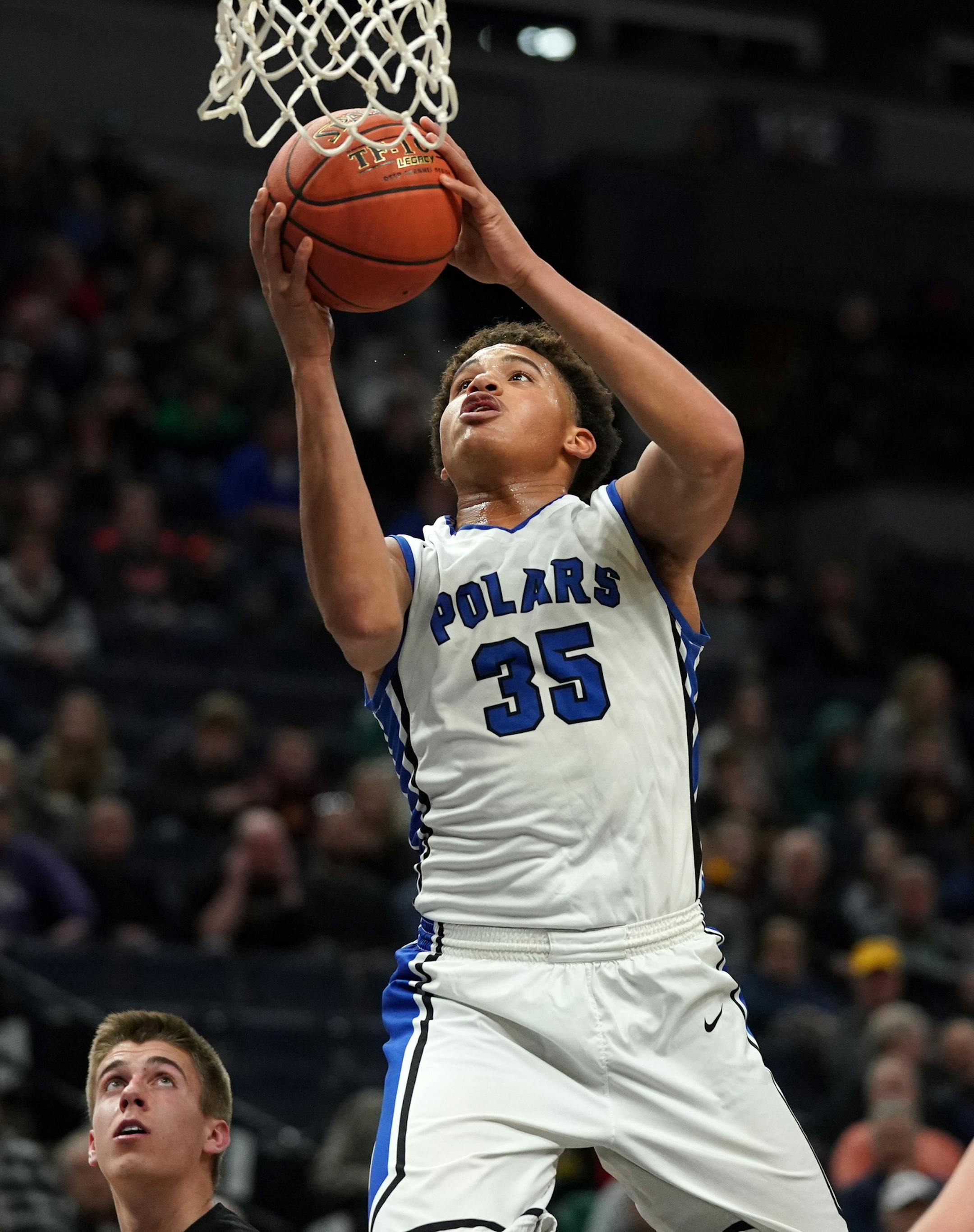 Minneapolis North center Davon Townley Jr. (35) went up for a shot in the second half. ] ANTHONY SOUFFLE • anthony.souffle@startribune.com Minneapolis North Community High School played Perham High School in an MSHSL Class 2A boys' semifinal basketball game Friday, March 22, 2019 at the Target Center in Minneapolis.