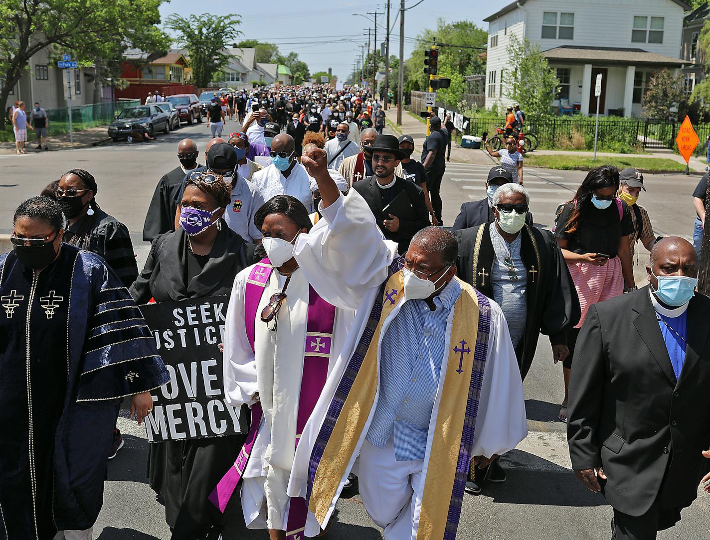 Clergy of color led a Silent Clergy March from Sabathani Community Center down 38th St. to Cup Foods and the George Floyd Memorial for prayers and then a march back to Sabathani Tuesday, June 2, 2020, in Minneapolis, MN. Here, Rev. Brian C. Herron of Zion Baptist Church thrust his fist in the air as they approached the George Floyd Memorial site at 38th and Chicago Ave.] DAVID JOLES • david.joles@startribune.com Latest on the death of George Floyd.