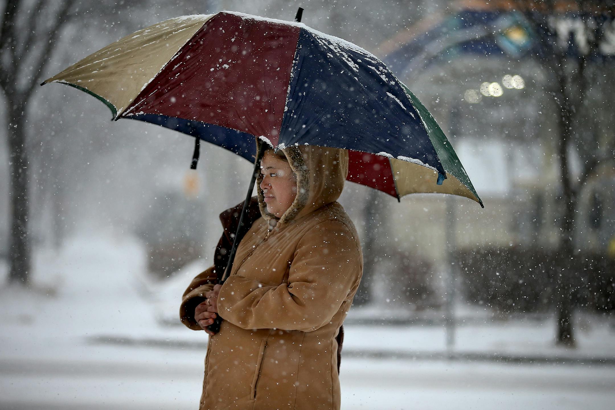 Elizabeth Cortes took shelter beneath an umbrella as she watched as her children make it onto the school bus, Tuesday, March 3, 2015 in Minneapolis.