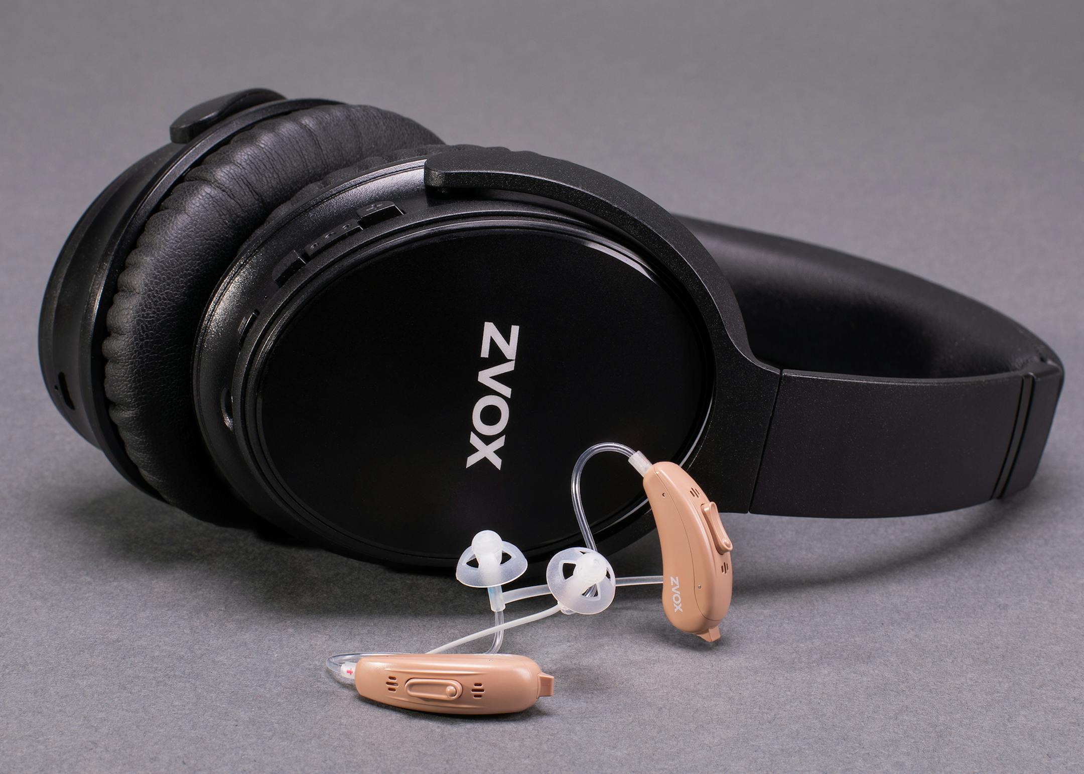 ZVOX AV50 headphones and VoiceBud VB20 hearing aids.