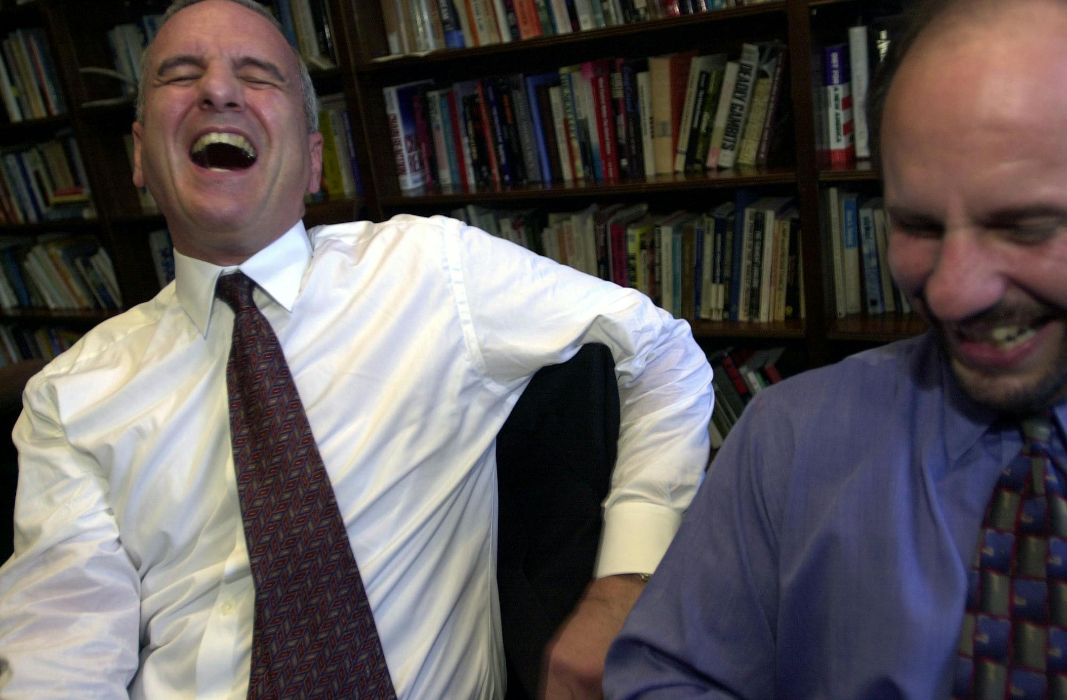 Washington D.C; 11/14/2000: In his office, Sen.- elect Mark Dayton joked with Sen. Paul Wellstone about Dayton's junior status as senator and about learning the ropes from Wellstone.