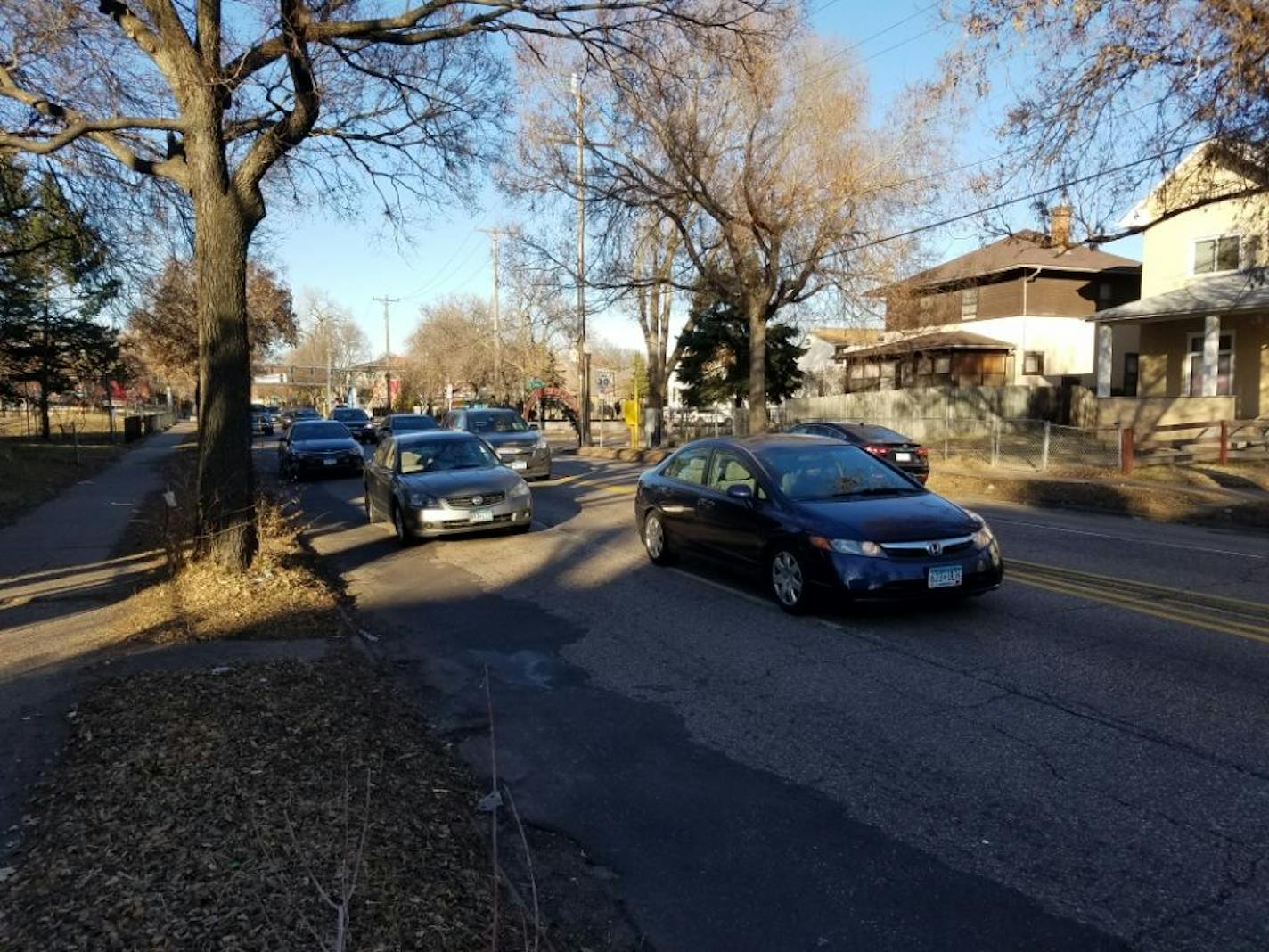 Unclear lane markings have some drivers on southbound Cedar Avenue near 28th Street in Minneapolis struggling to figure out which lane to use. The far right lane is designated as a parking-only lane and the left for through traffic.