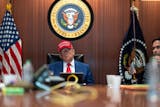 President Donald Trump and Secretary of State Marco Rubio, right, sit in the Situation Room, Saturday, June 21, 2025, at the White House in Washington