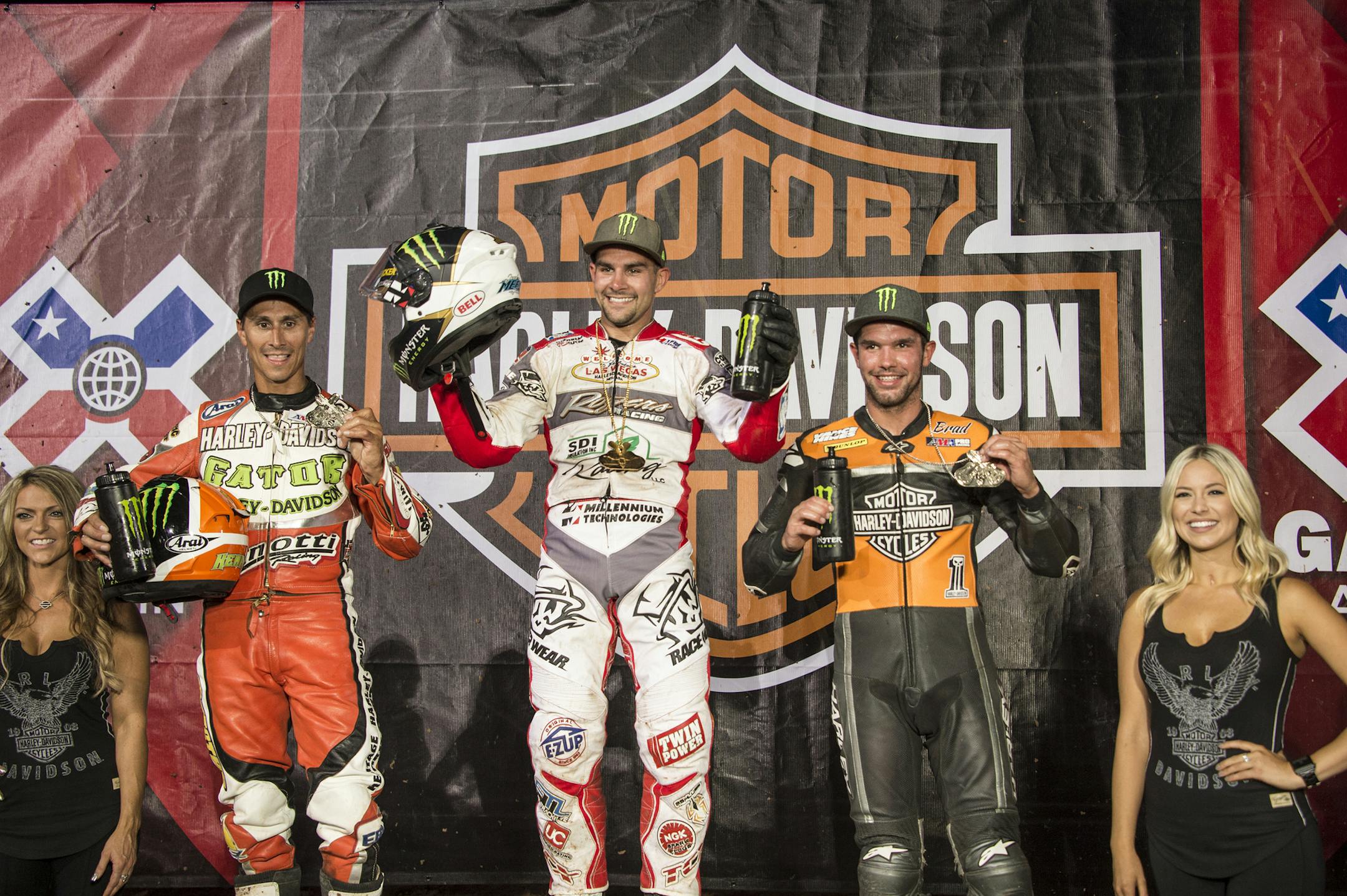 Austin, TX - June 2, 2016 - Circuit of the Americas: Kenny Coolbeth, Jr., Jared Mees and Brad Baker during the medal ceremony for Harley Davidson Flat-Track Racing at X Games Austin 2016
(Photo by Kaitlyn Egan / ESPN Images)