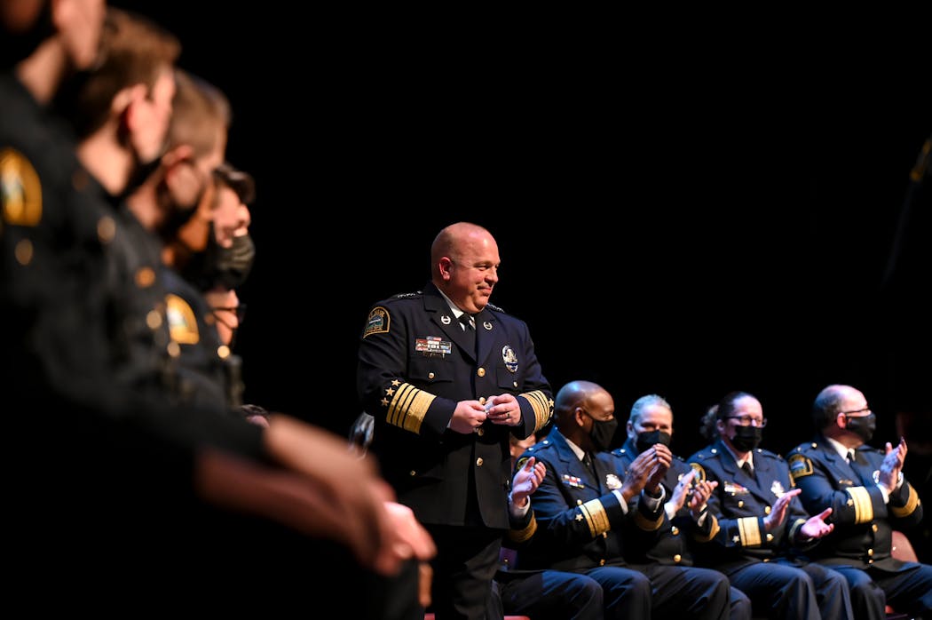 St. Paul Police Chief Todd Axtell at the police academy graduation ceremony on Feb. 24, 2022 at Harding High School. Fifty-five recruits graduated, with about half coming from underrepresented communities.