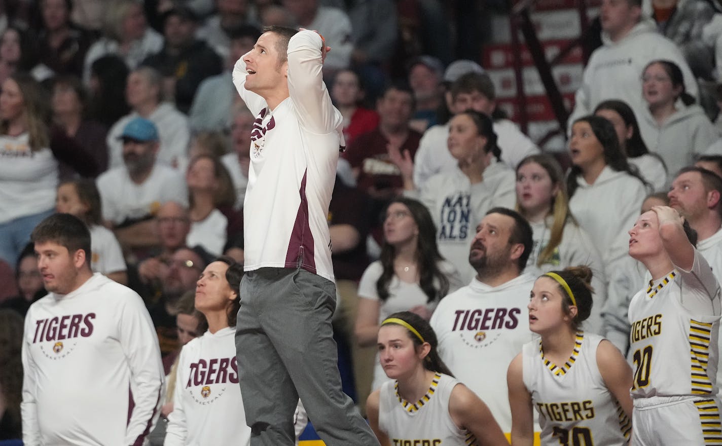 Stewartville Head Coach Ryan Liffrig sees his team's lead slip away Saturday, March 18, 2023 during the second half of the Class 3A girls' basketball state championship at Williams Arena in Minneapolis, Minn. BSM beat Stewartville 66-60. ]