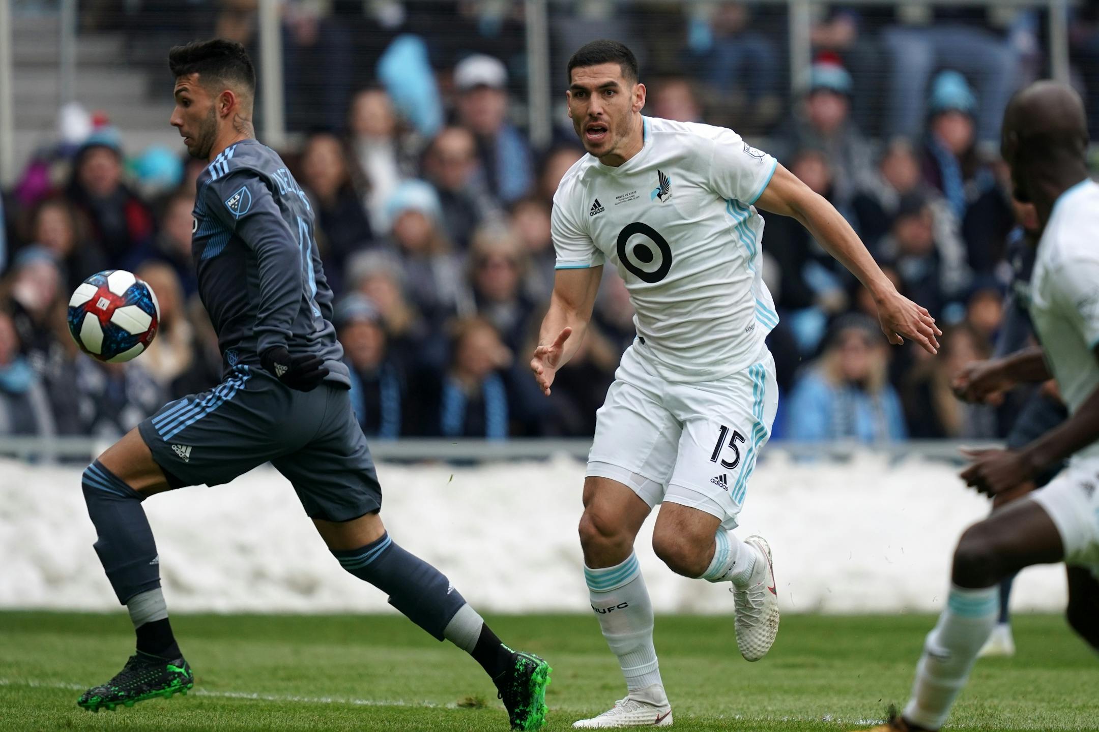Minnesota United defender Michael Boxall (15) chased after New York City midfielder Valentin Castellanos (11) as he took the ball down field in the first half.