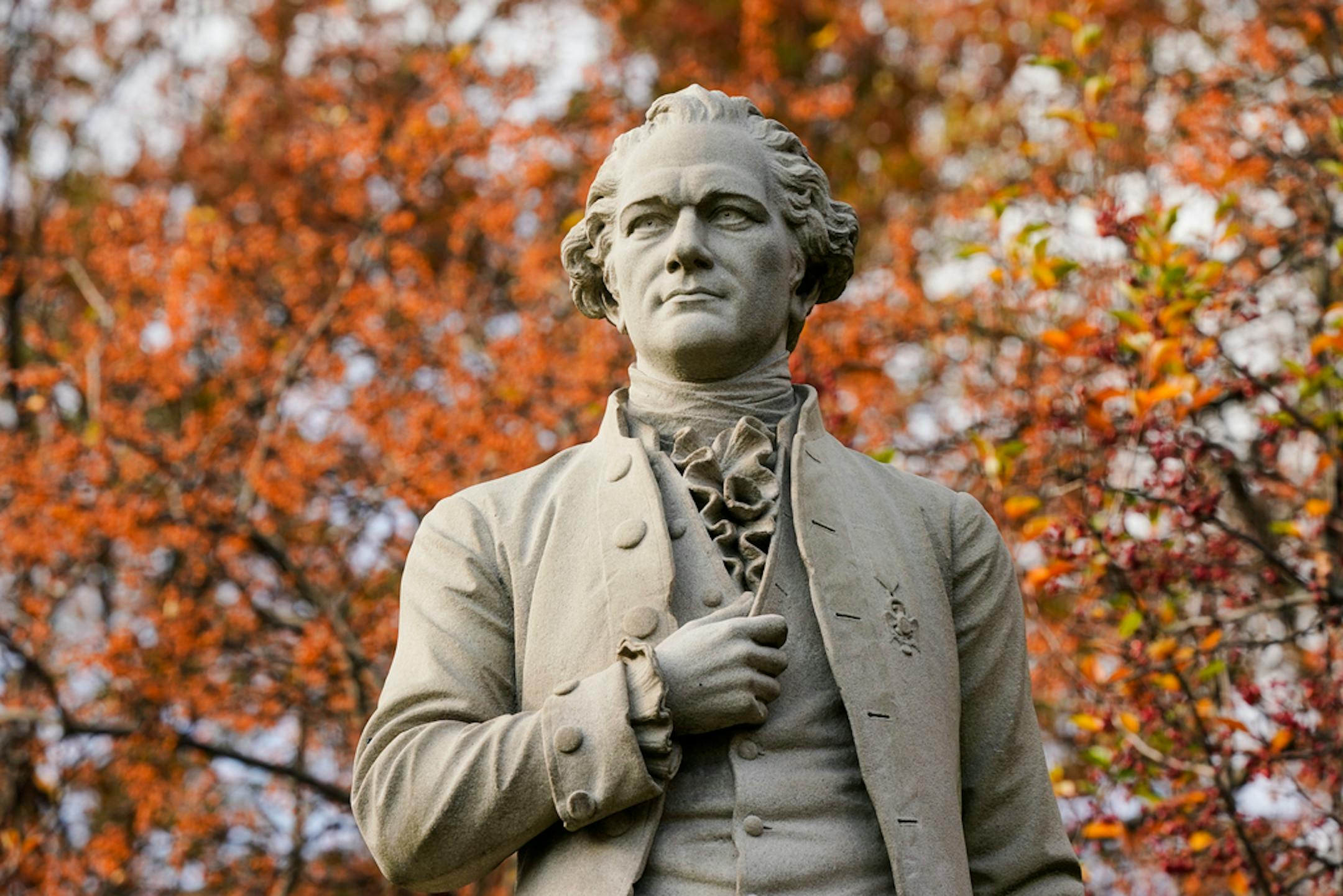 A statue of Alexander Hamilton stands in Central Park in New York.