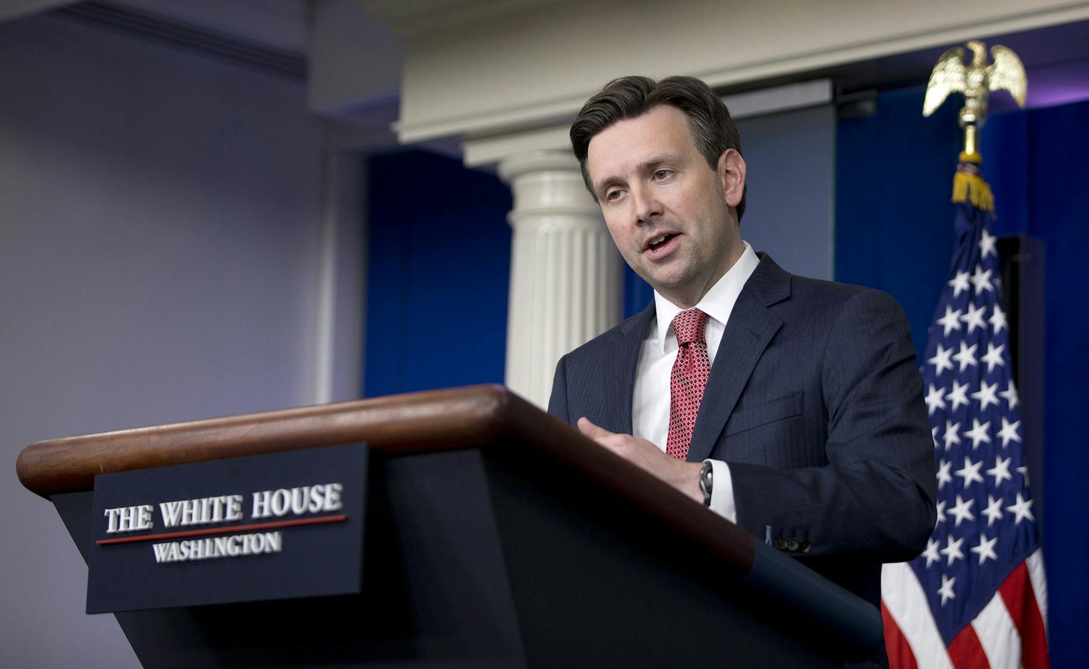 White House press secretary Josh Earnest speaks during the daily news briefing at the White House in Washington, Friday, April 24, 2015. Earnest discussed the drone strikes had killed two Western hostages and two Americans who worked for al-Qaida, and other topics. (AP Photo/Carolyn Kaster) ORG XMIT: MIN2015042414163946