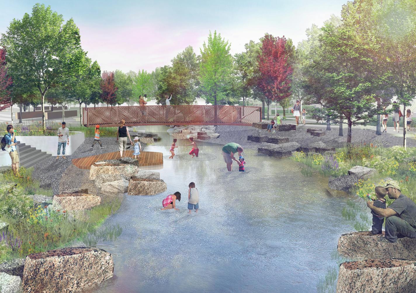 Rendering from Minneapolis-based landscape architecture company, Confluence, of a vision for revitalizing space along the Mississippi River in St. Cloud.