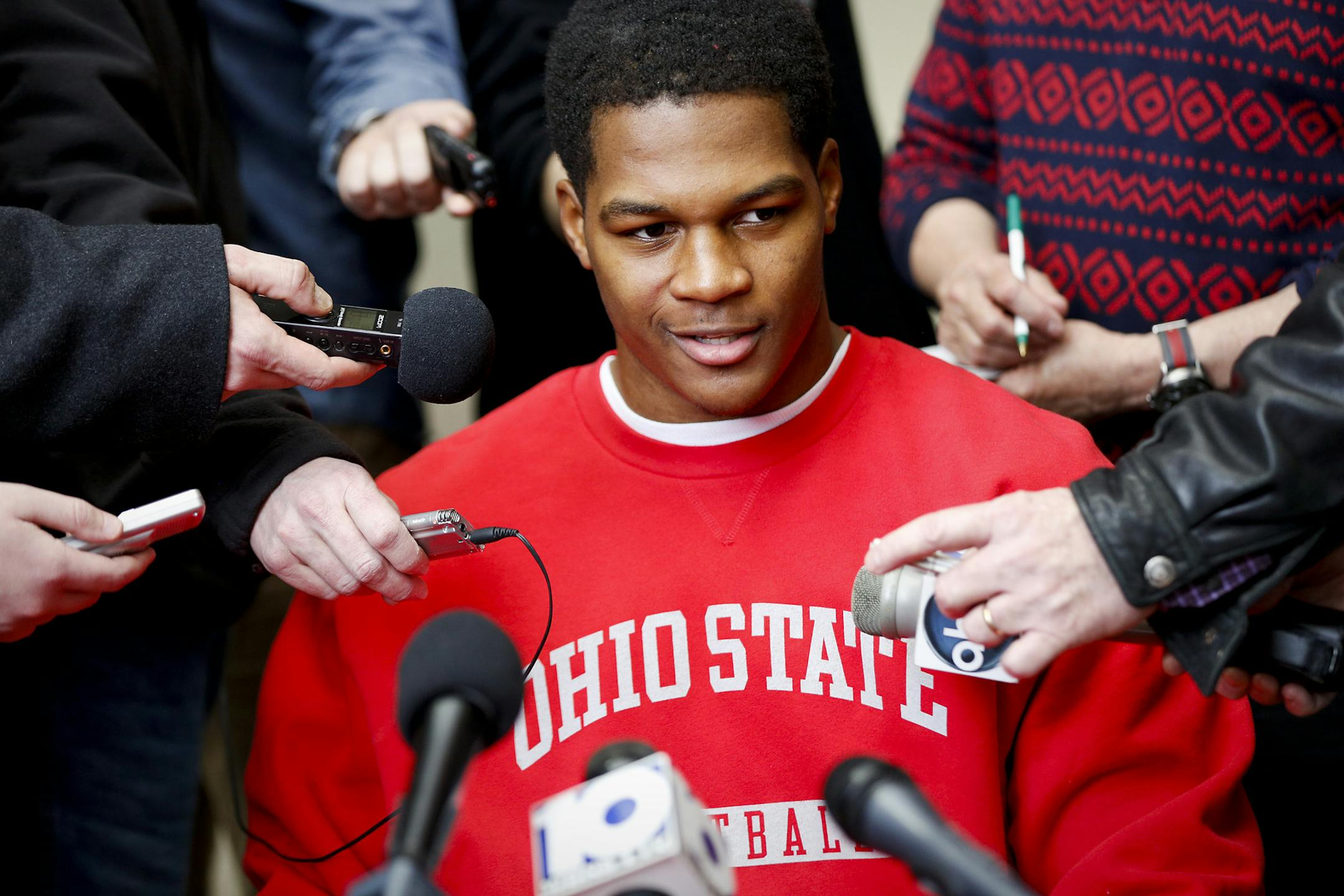 Linebacker Raekwon McMillan speaks to reporters at the Woody Hayes Athletic Center in Columbus, Ohio, Wednesday afternoon, Feb. 5, 2014. McMillan chose Ohio State over several powerhouses, including Clemson, which beat the Buckeyes in the Orange Bowl college football game. (AP Photo/The Columbus Dispatch, Eamon Queeney)