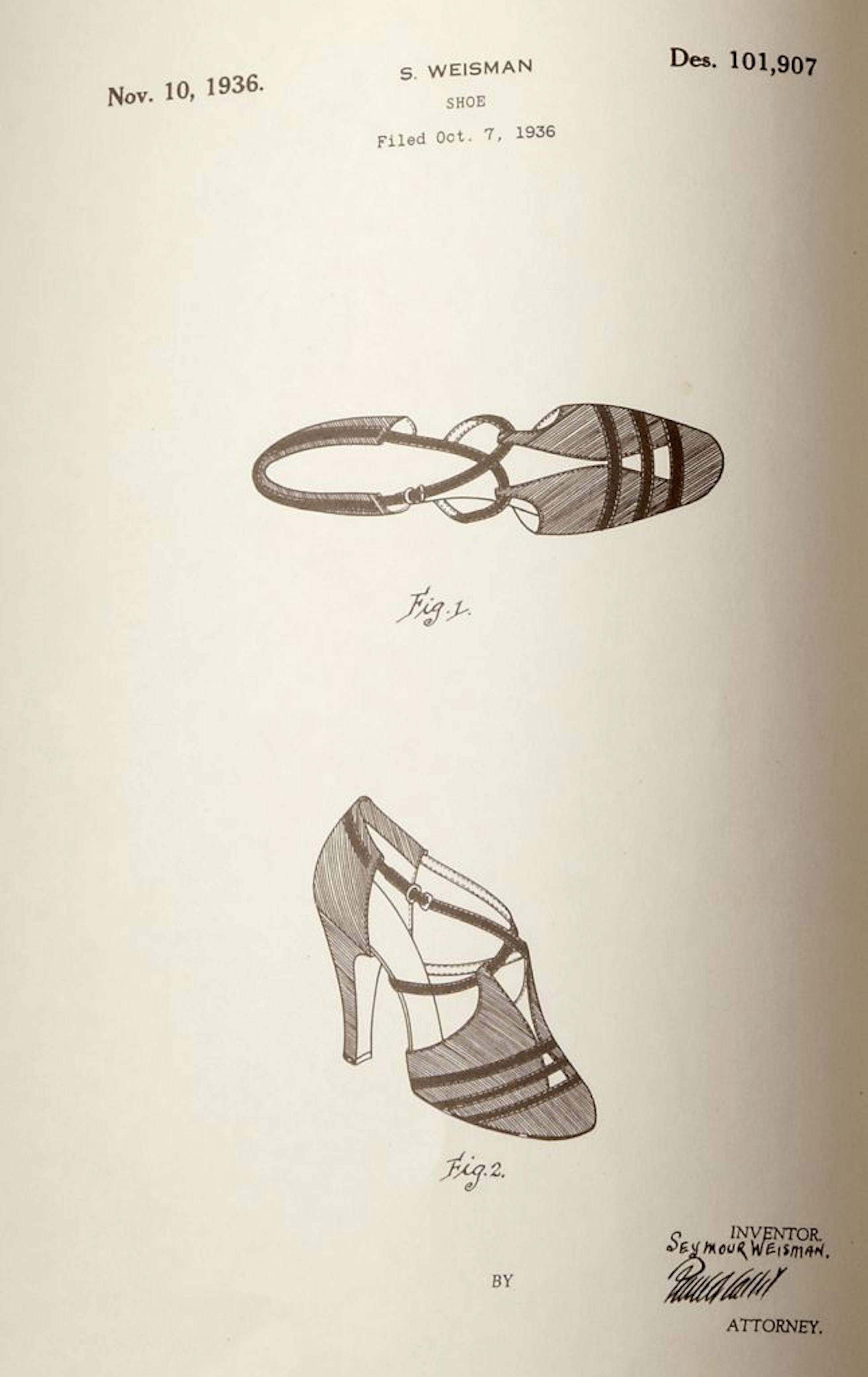 This image courtesy of Stuart Weitzman shows the U.S. design patent in the name of his father, dated Nov. 10, 1936. Weitzman has recreated the vintage shoe design after recently discovering the patent in his father's old files.