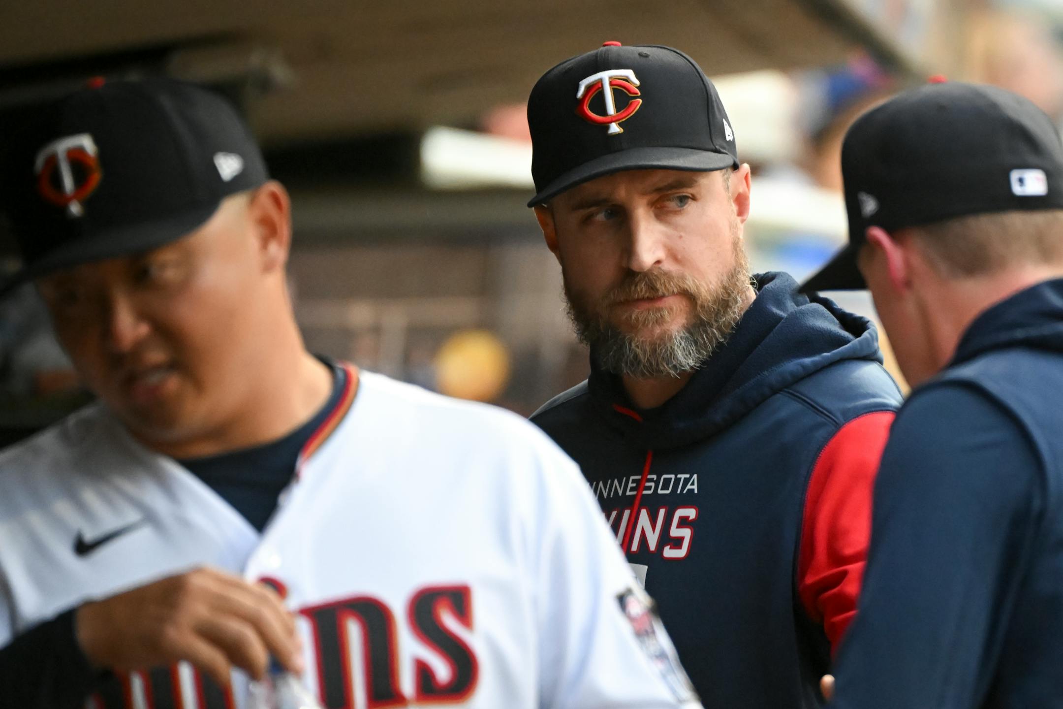 Minnesota Twins manager Rocco Baldelli (5) looks on in the dugout during the third inning against the New York Yankees.