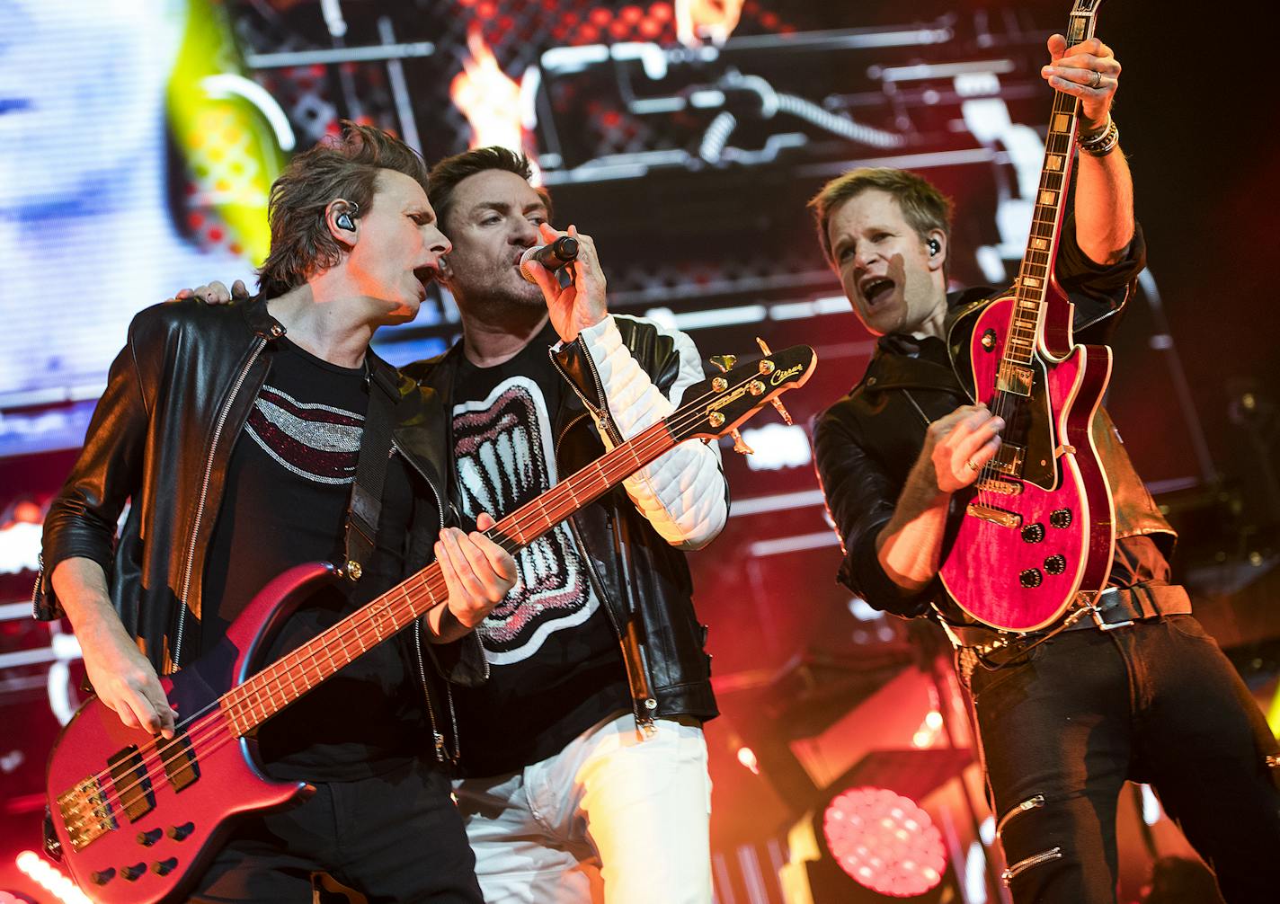 From left, John Taylor, Simon Le Bon and Dominic Brown performed with the rest of Duran Duran at the Xcel Energy Center on Saturday night. ] Isaac Hale &#xef; isaac.hale@startribune.com Duran Duran and Chic, featuring Nile Rodgers, performed at the Xcel Energy Center in St. Paul, MN, on Saturday, July 23, 2016.